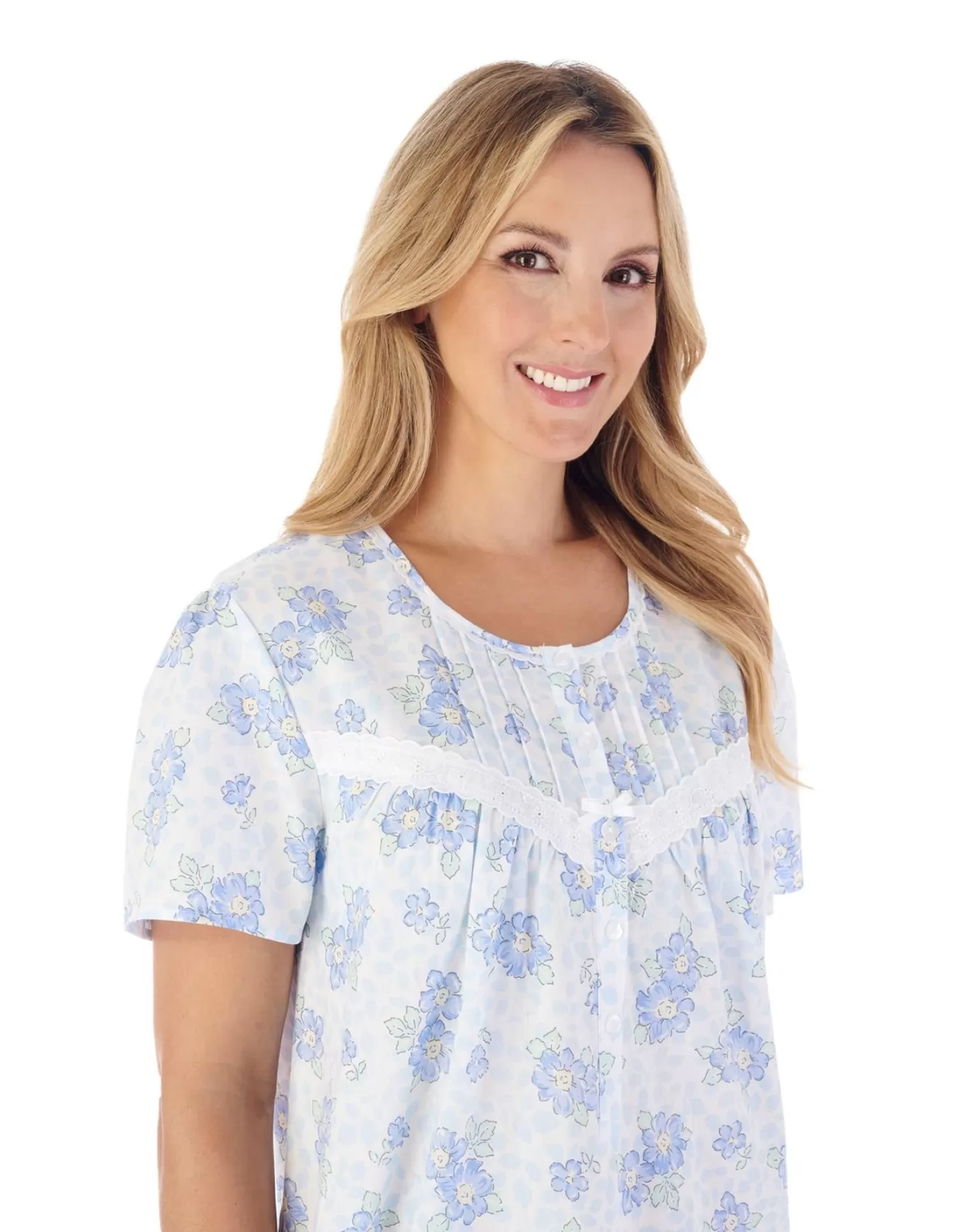Slenderella Nighties | 44" Shadow Leaf Floral Short Sleeve Cotton Nightie - Blue