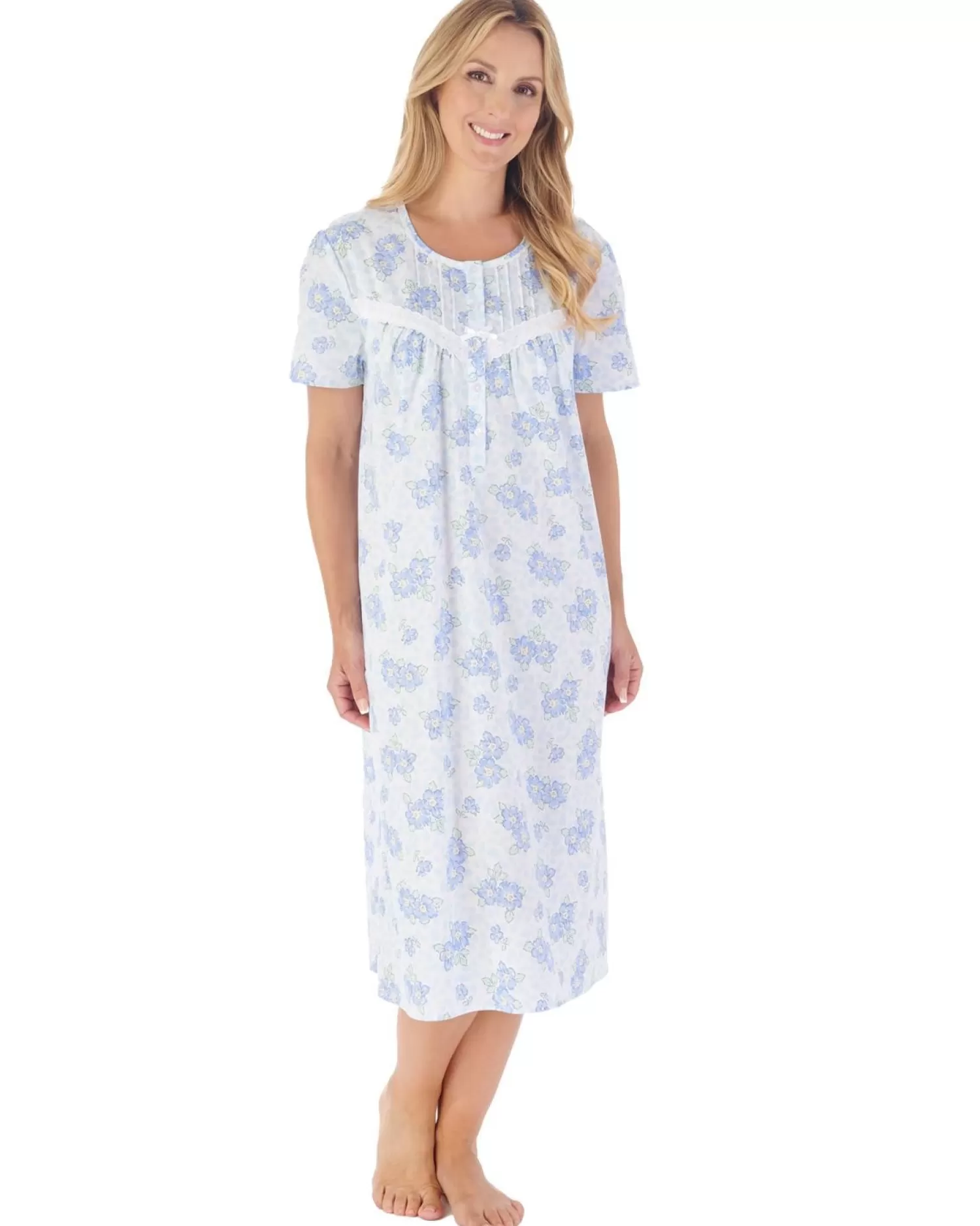 Slenderella Nighties | 44" Shadow Leaf Floral Short Sleeve Cotton Nightie - Blue
