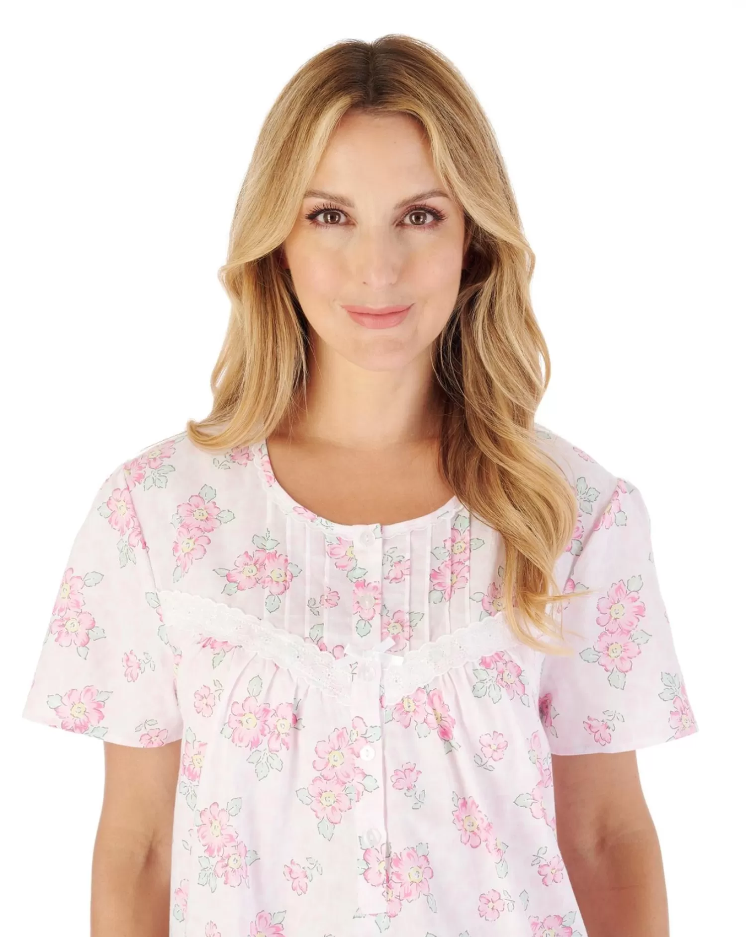 Slenderella Nighties | 44" Shadow Leaf Floral Short Sleeve Cotton Nightie - Pink