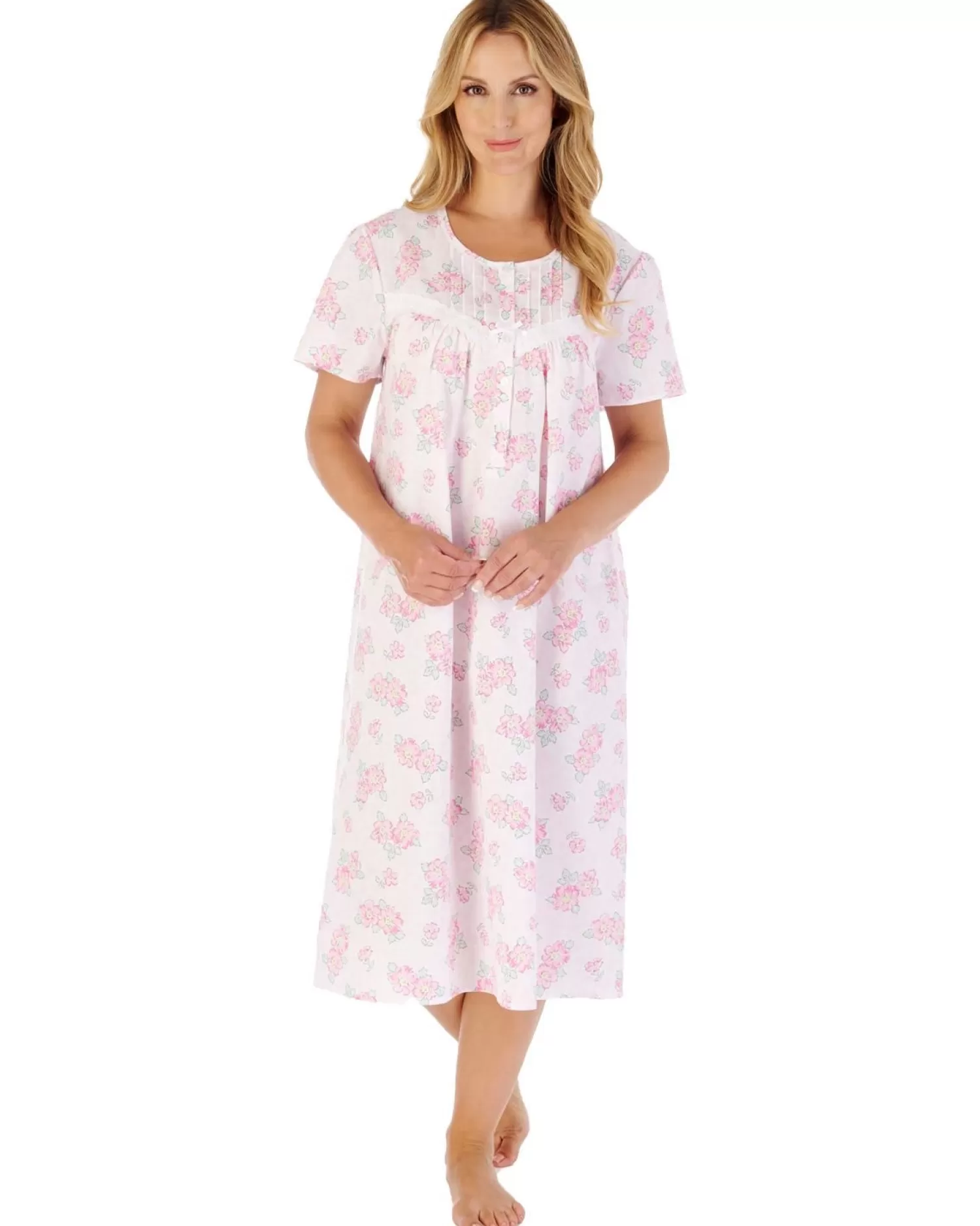 Slenderella Nighties | 44" Shadow Leaf Floral Short Sleeve Cotton Nightie - Pink