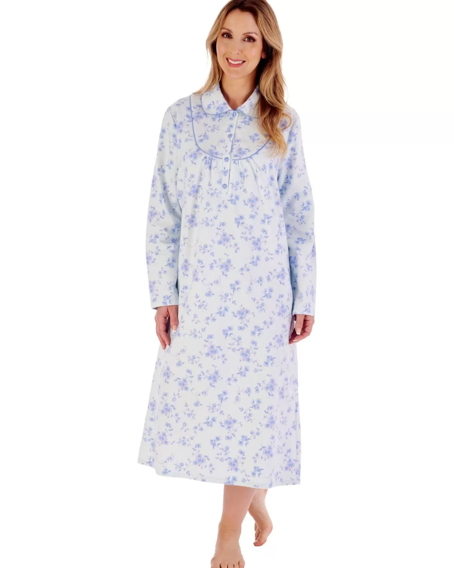 Slenderella Nighties | 45" Brushed Cotton Collared Nightie - Blue