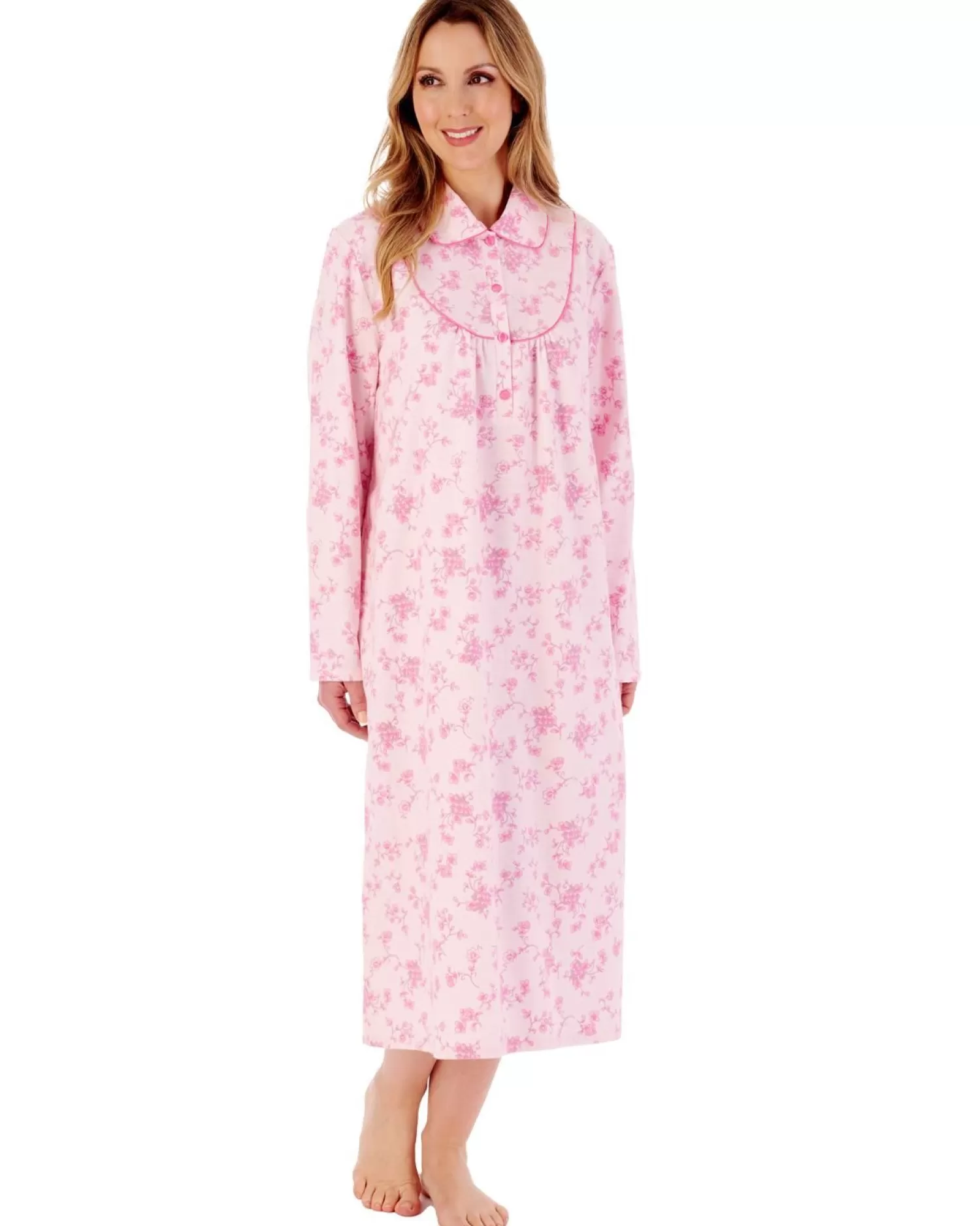 Slenderella Nighties | 45" Brushed Cotton Collared Nightie - Pink