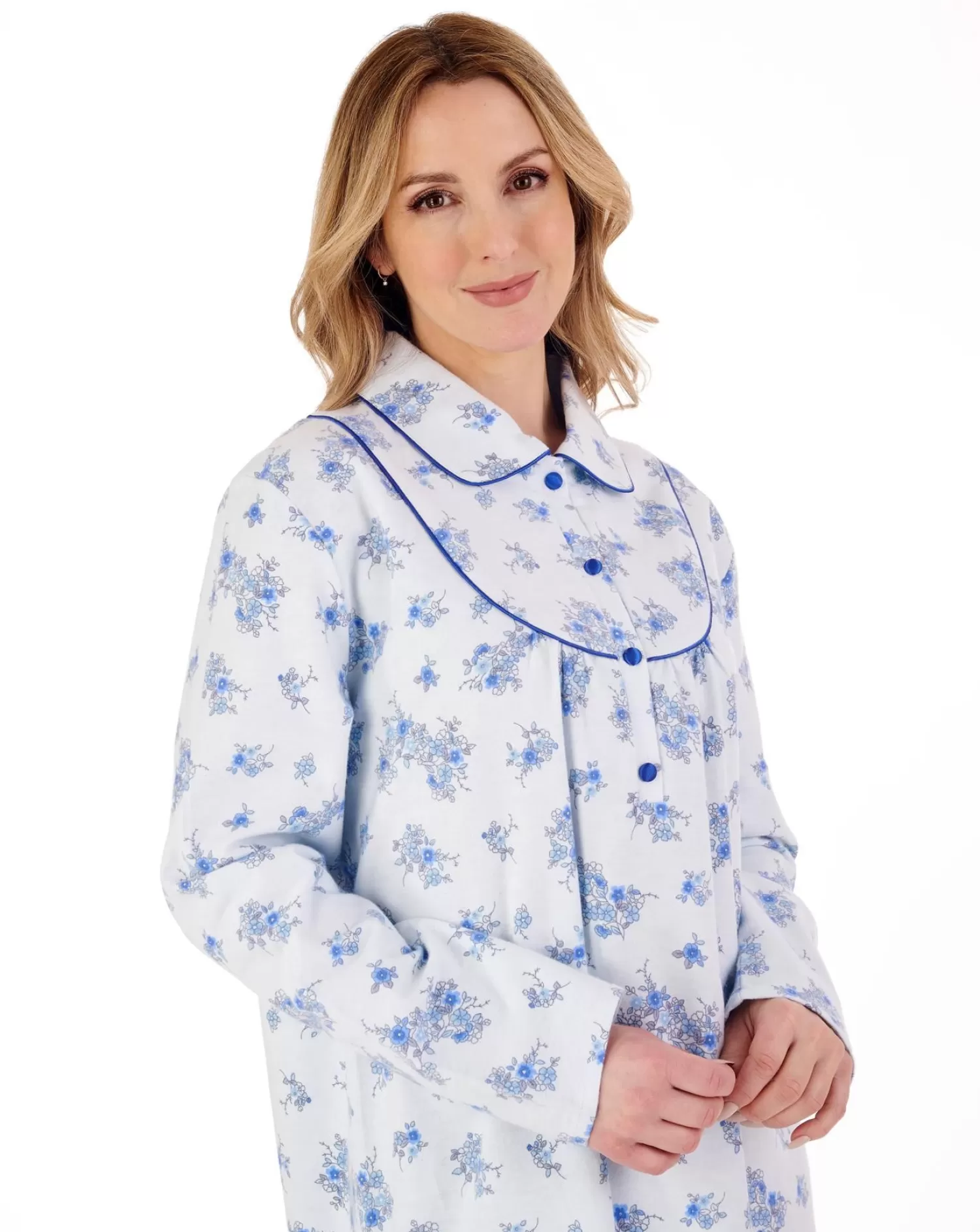 Slenderella Nighties | 45" Brushed Flannel Collared Nightdress - Blue