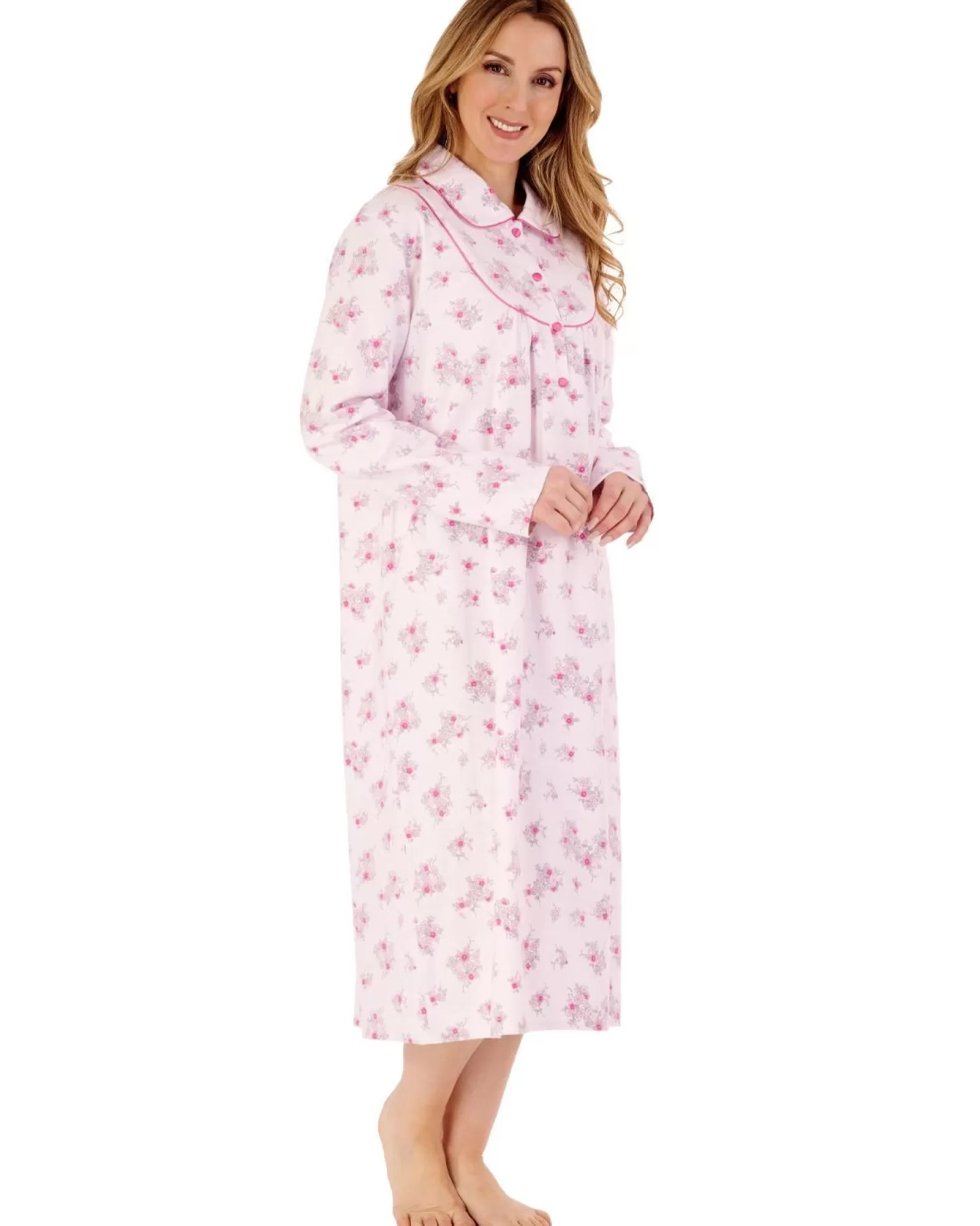 Slenderella Nighties | 45" Brushed Flannel Collared Nightdress - Pink