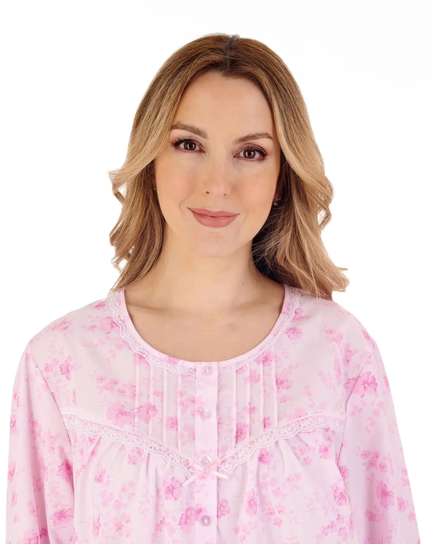 Slenderella Nighties | 45" Brushed Long Sleeve Button Nightdress - Pink