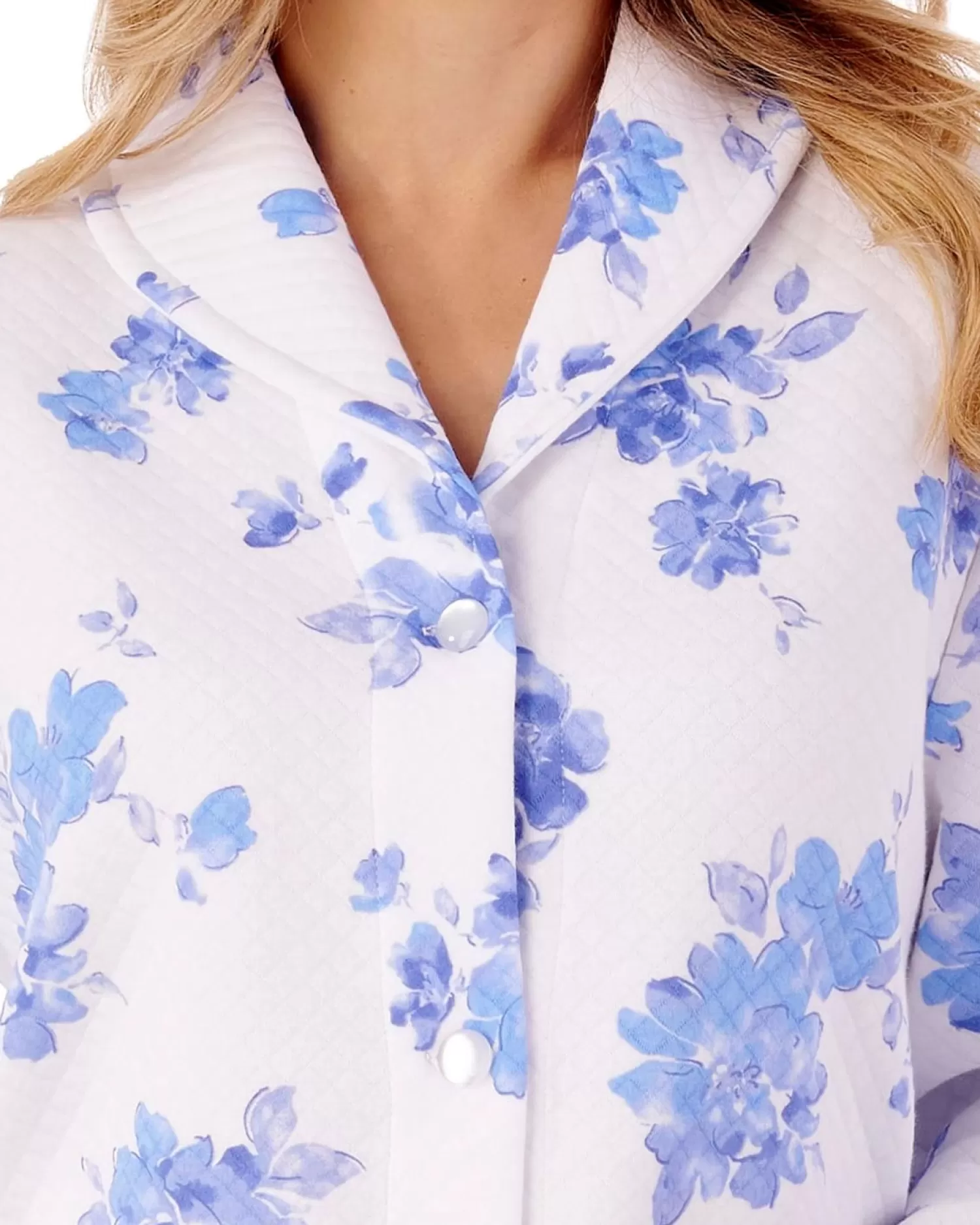 Slenderella Dressing Gowns | 45" Floral Mock Quilt Button Dressing Gown - Blue