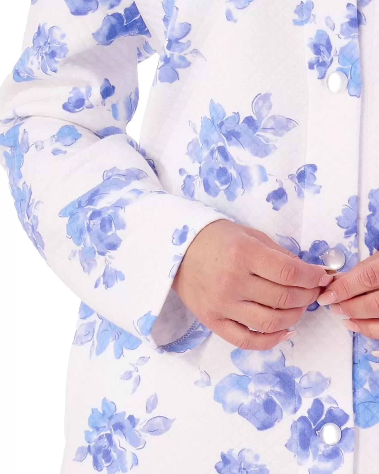Slenderella Dressing Gowns | 45" Floral Mock Quilt Button Dressing Gown - Blue