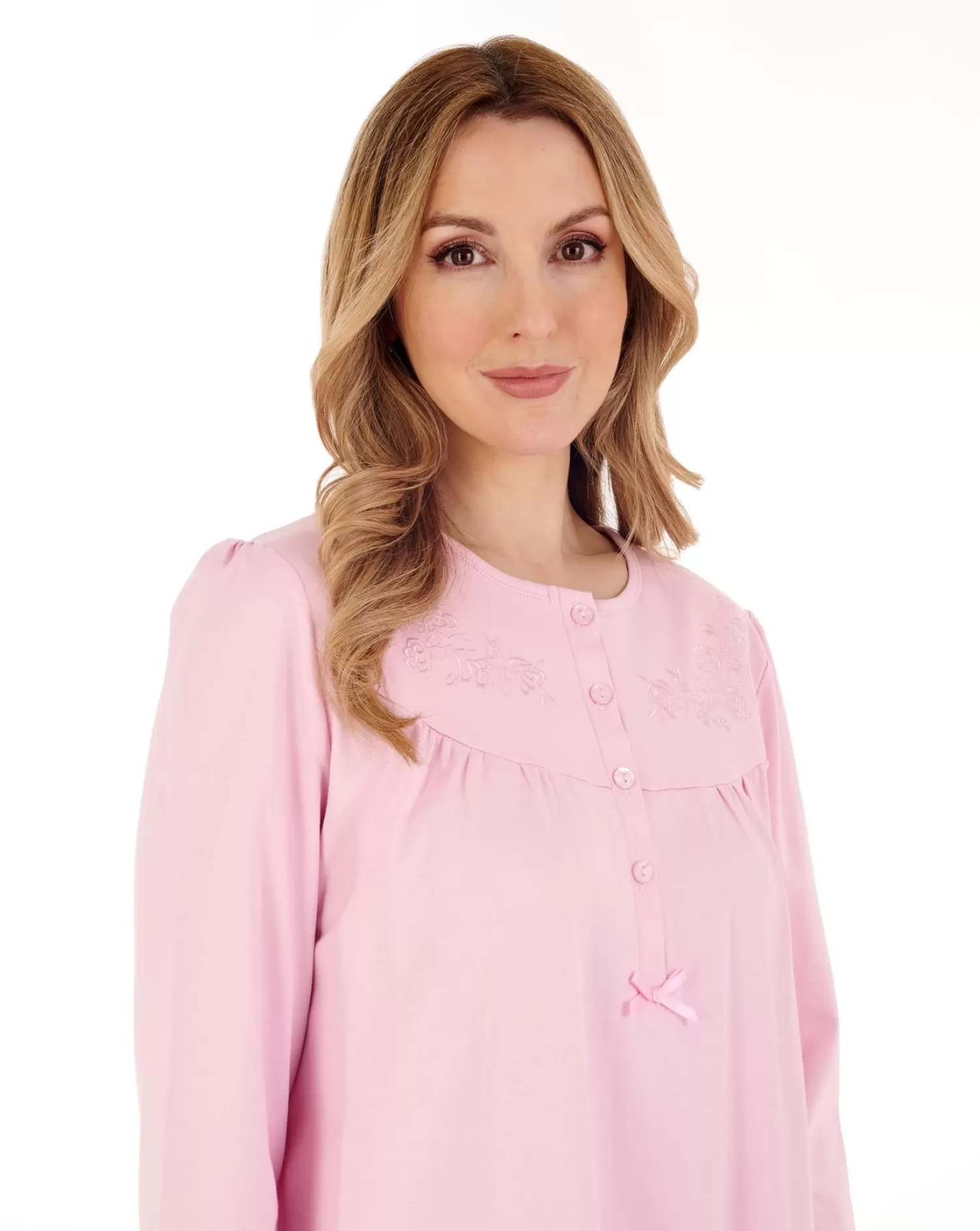 Slenderella Nighties | 45" Long Sleeve Embroidered Yoke Interlock Nightdress - Pink