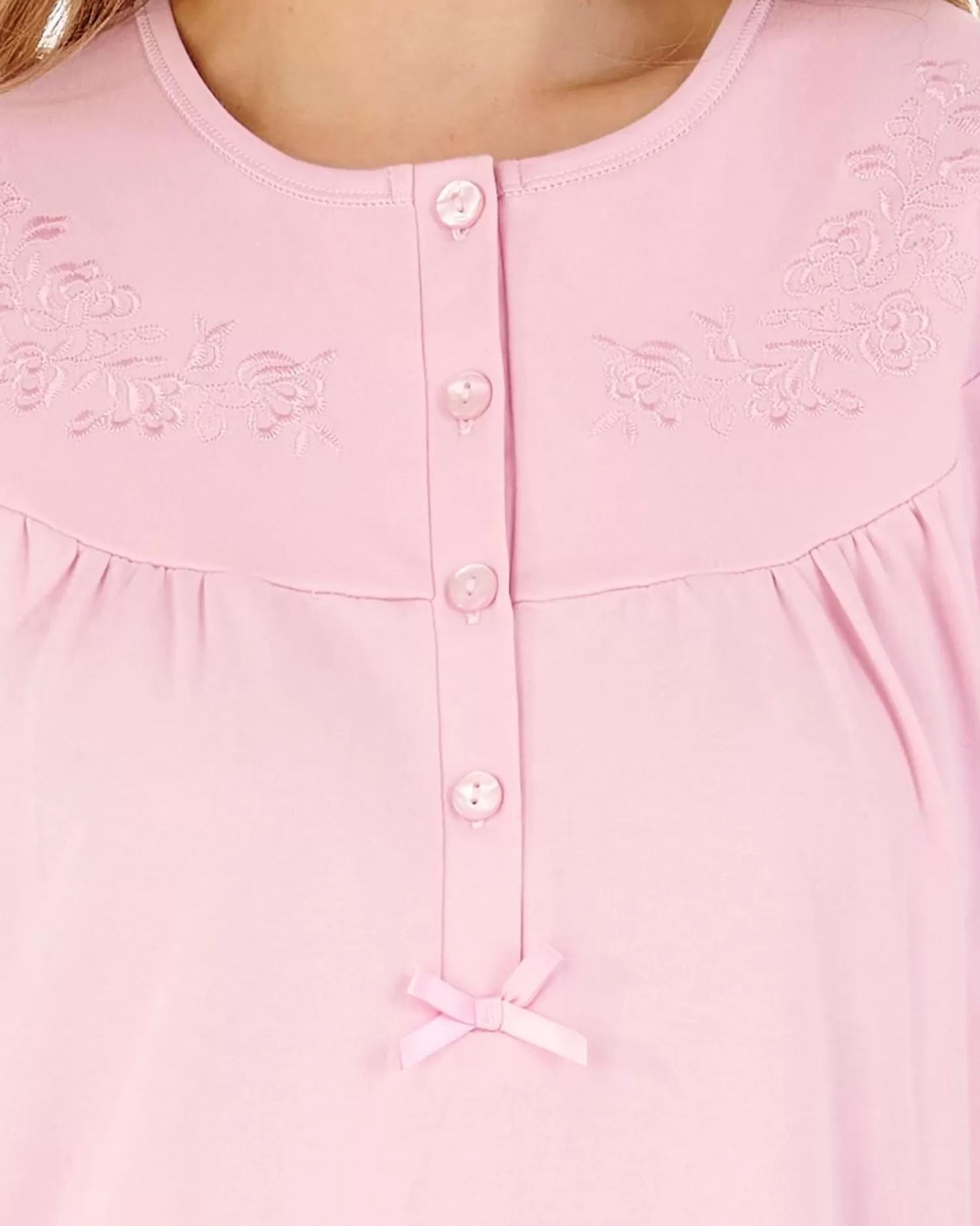 Slenderella Nighties | 45" Long Sleeve Embroidered Yoke Interlock Nightdress - Pink