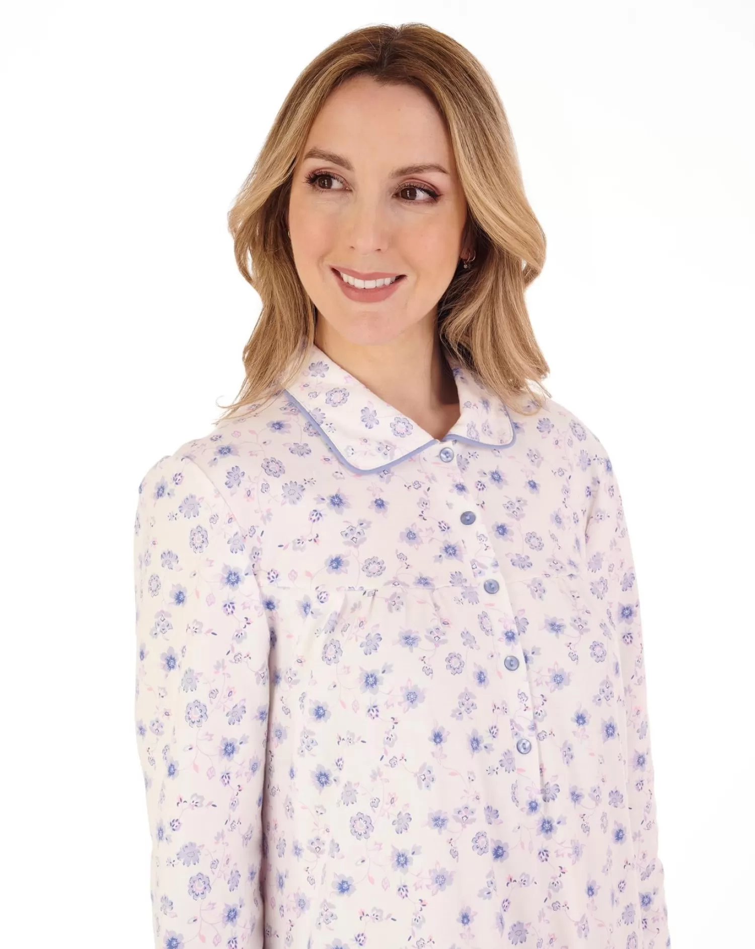 Slenderella Nighties | 45" Long Sleeve Interlock Collared Nightdress - Blue