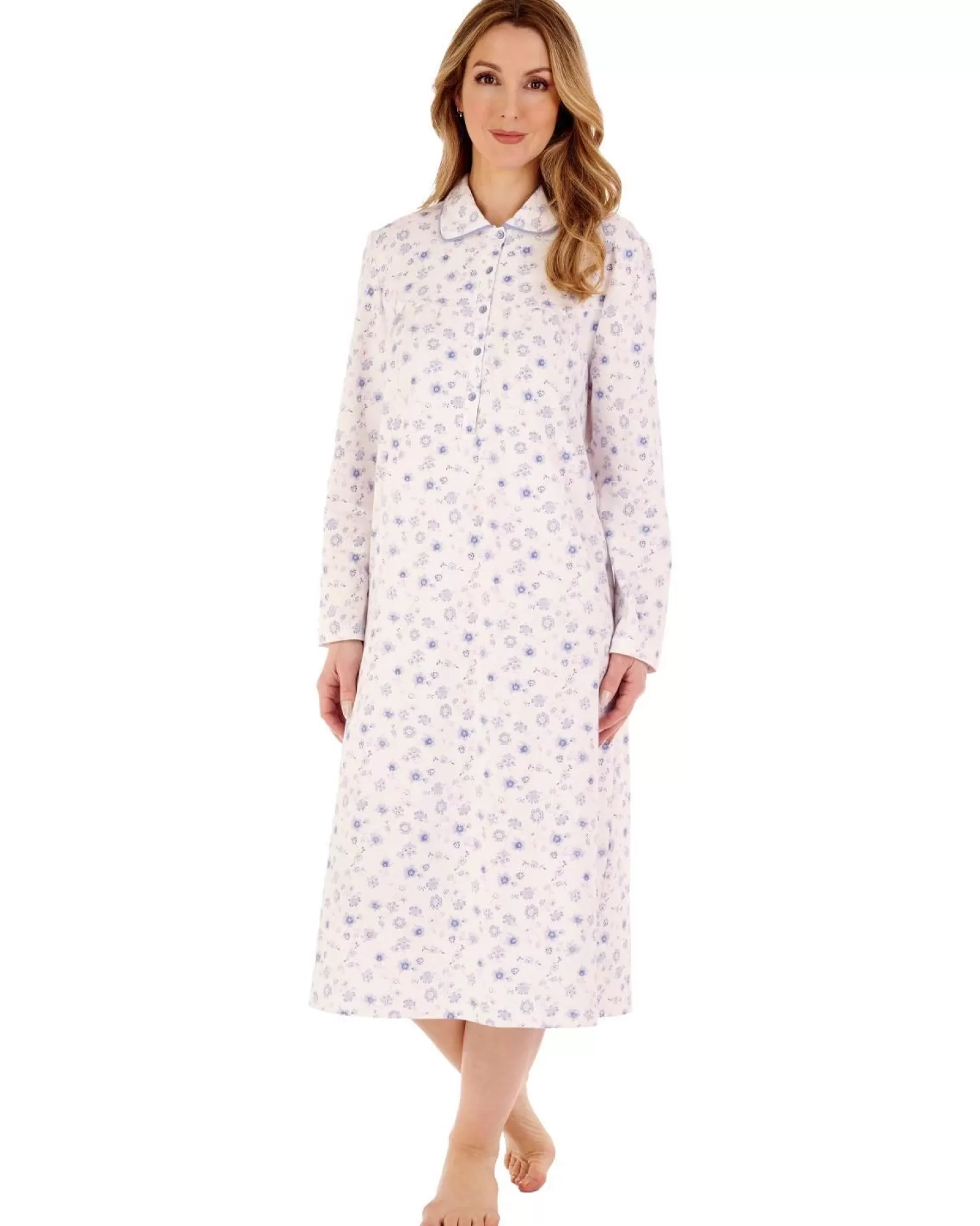 Slenderella Nighties | 45" Long Sleeve Interlock Collared Nightdress - Blue