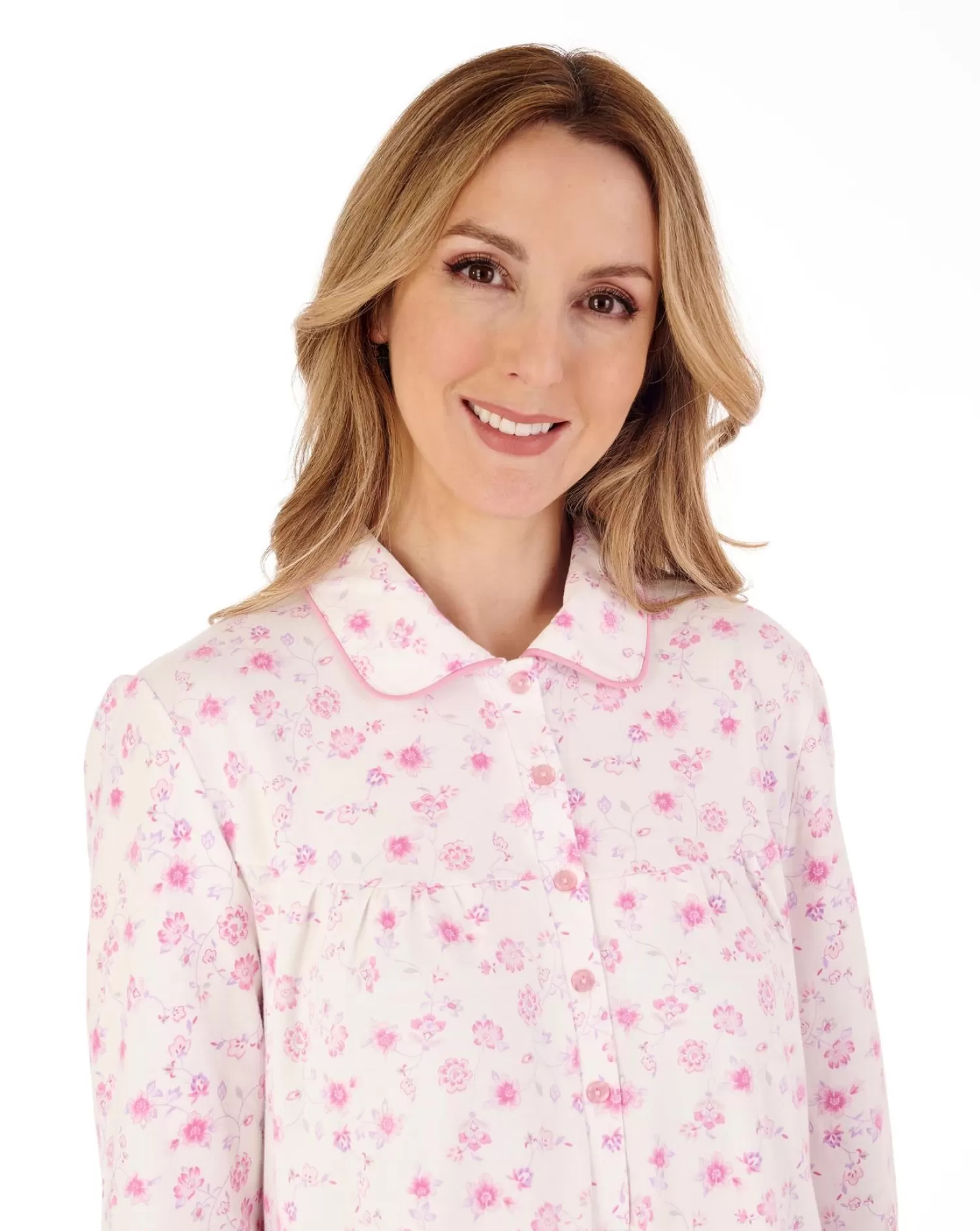 Slenderella Nighties | 45" Long Sleeve Interlock Collared Nightdress - Pink