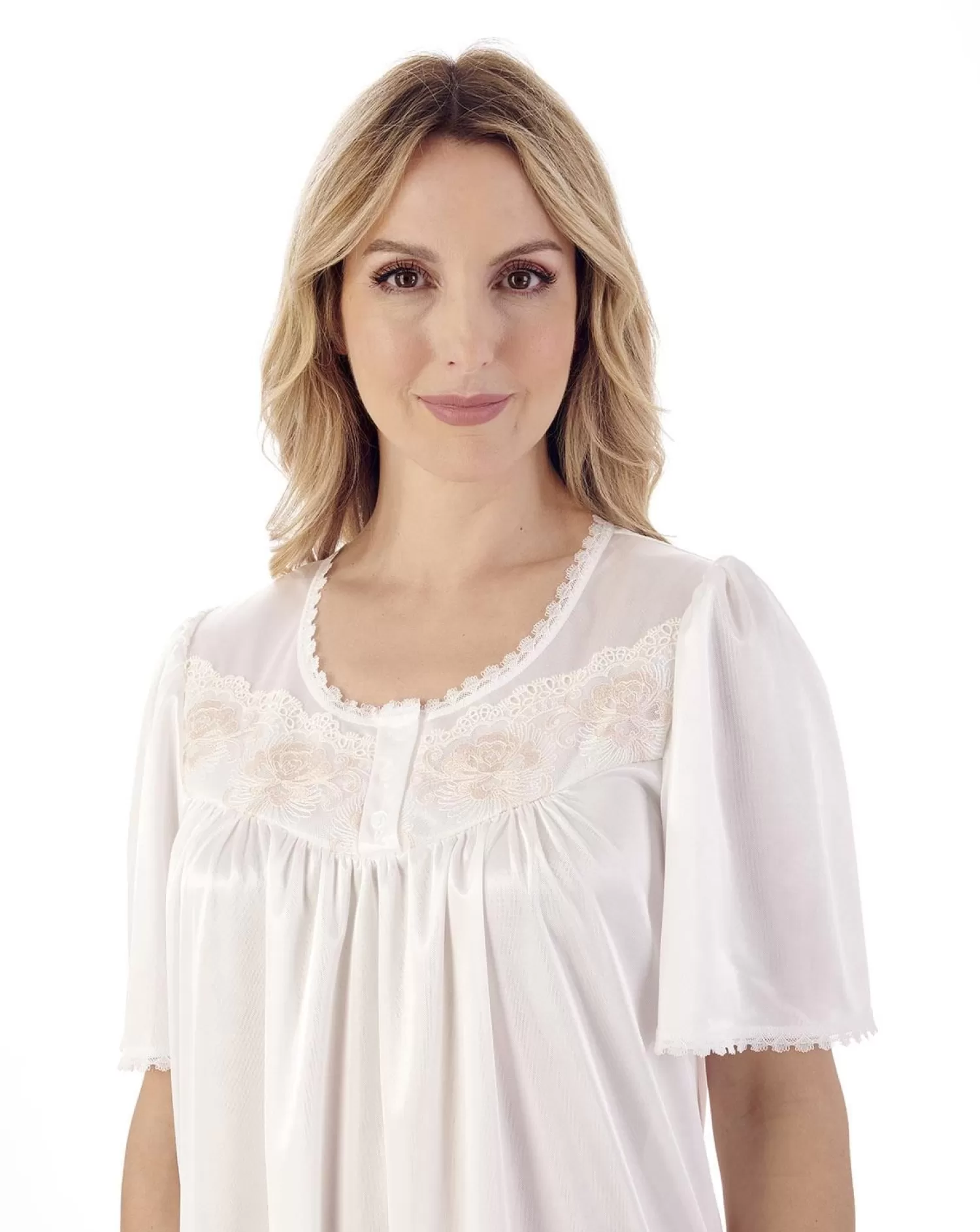 Slenderella Nighties | 45" Satin Short Sleeve Nightie - Ivory