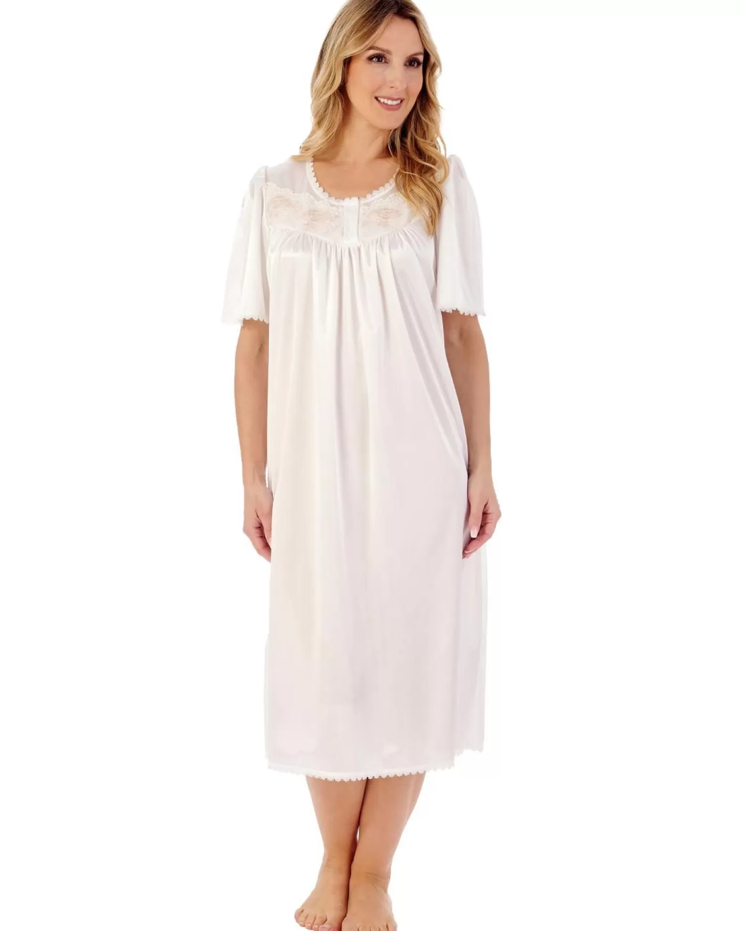 Slenderella Nighties | 45" Satin Short Sleeve Nightie - Ivory