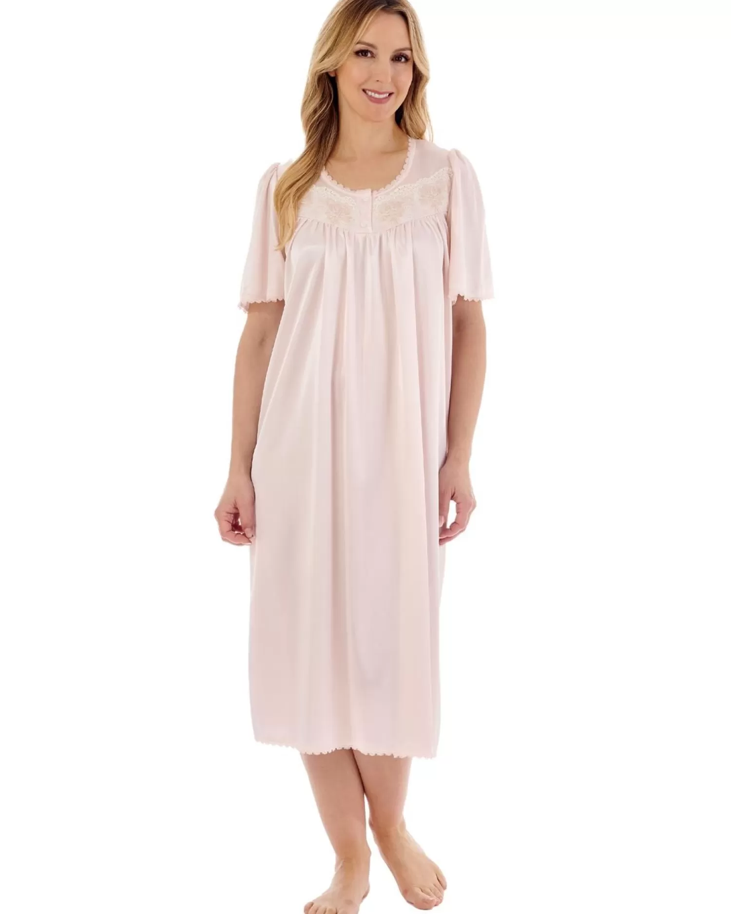 Slenderella Nighties | 45" Satin Short Sleeve Nightie - Peach