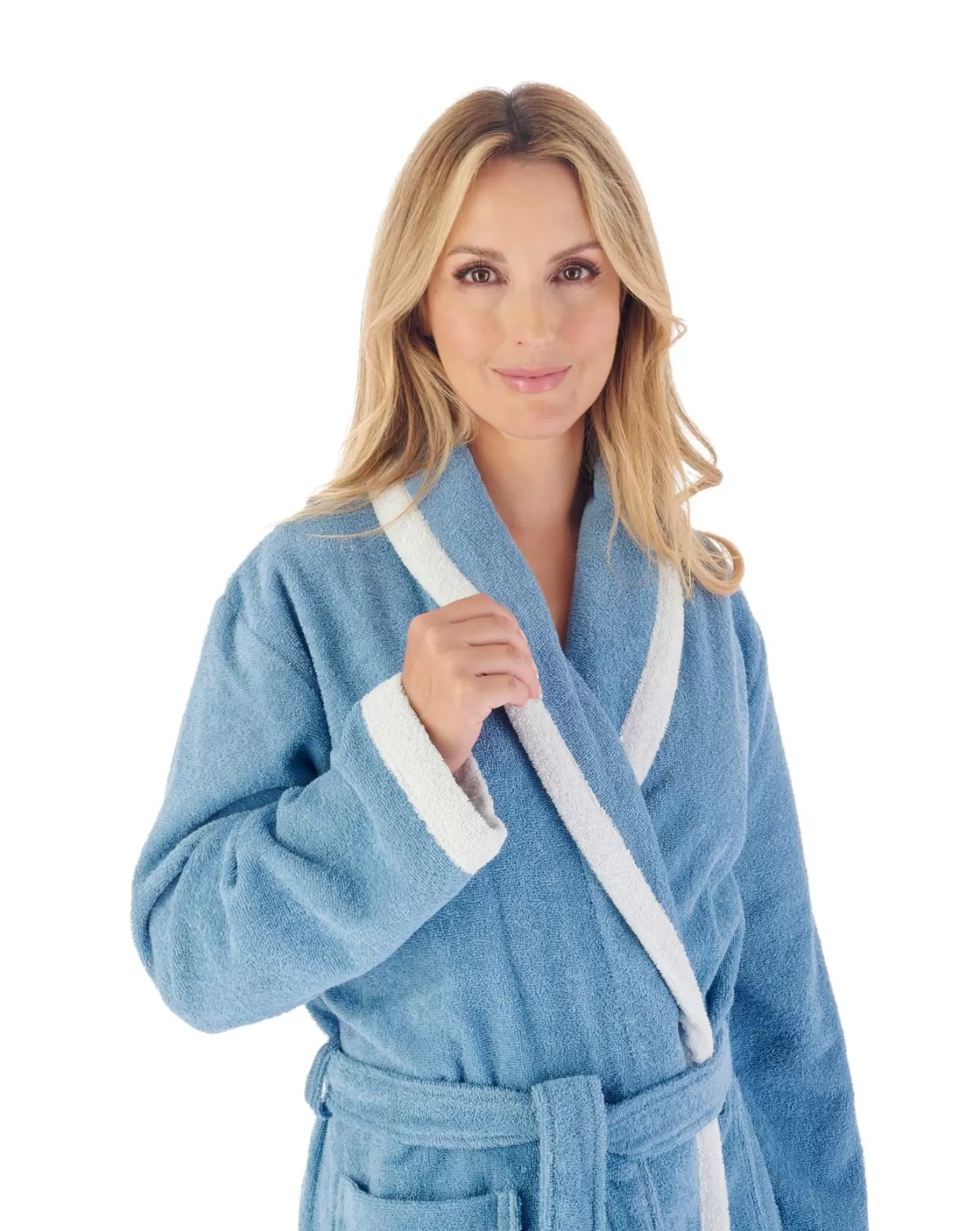 Slenderella Dressing Gowns | 46" Contrast Trim Towelling Dressing Gown - Blue