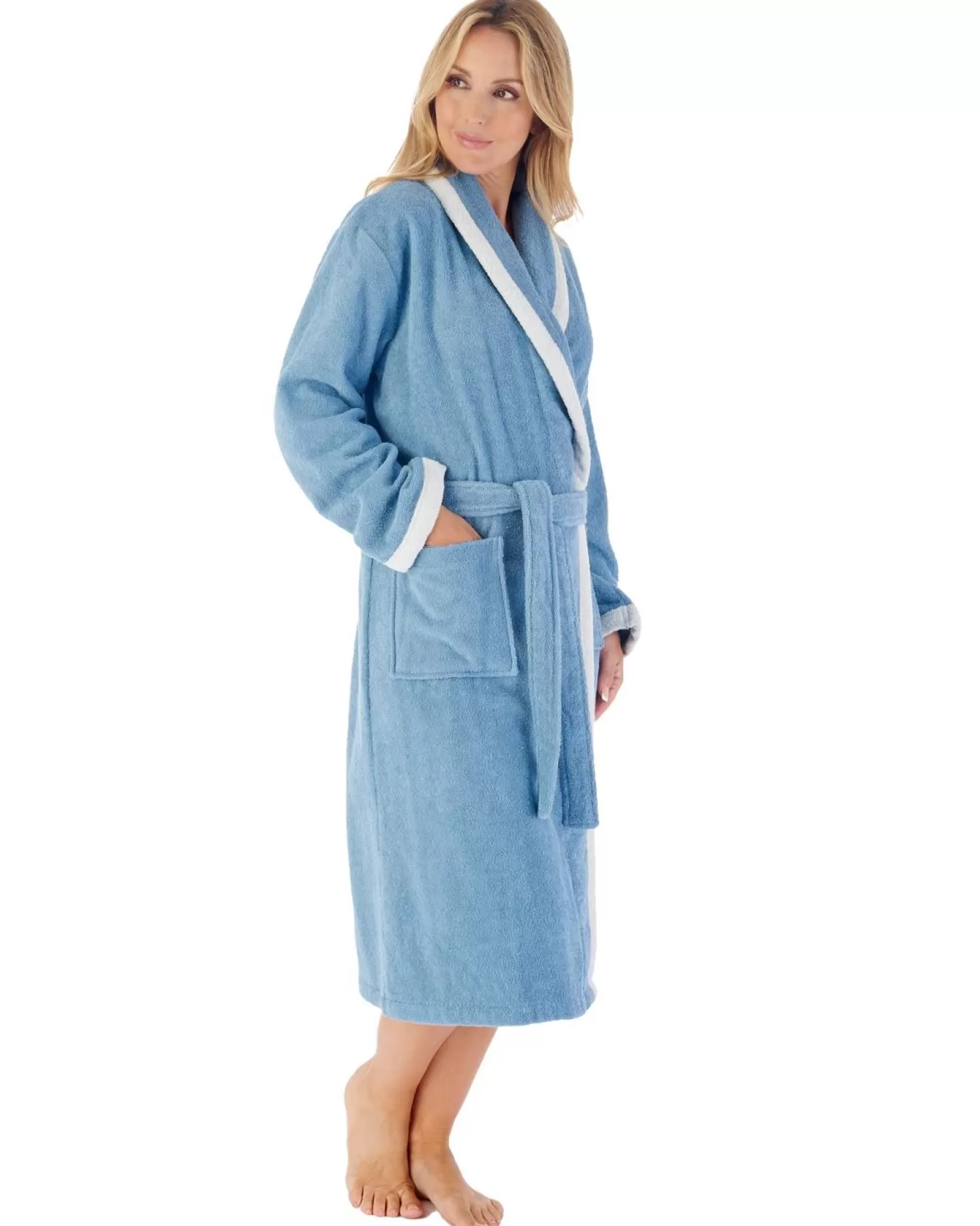 Slenderella Dressing Gowns | 46" Contrast Trim Towelling Dressing Gown - Blue