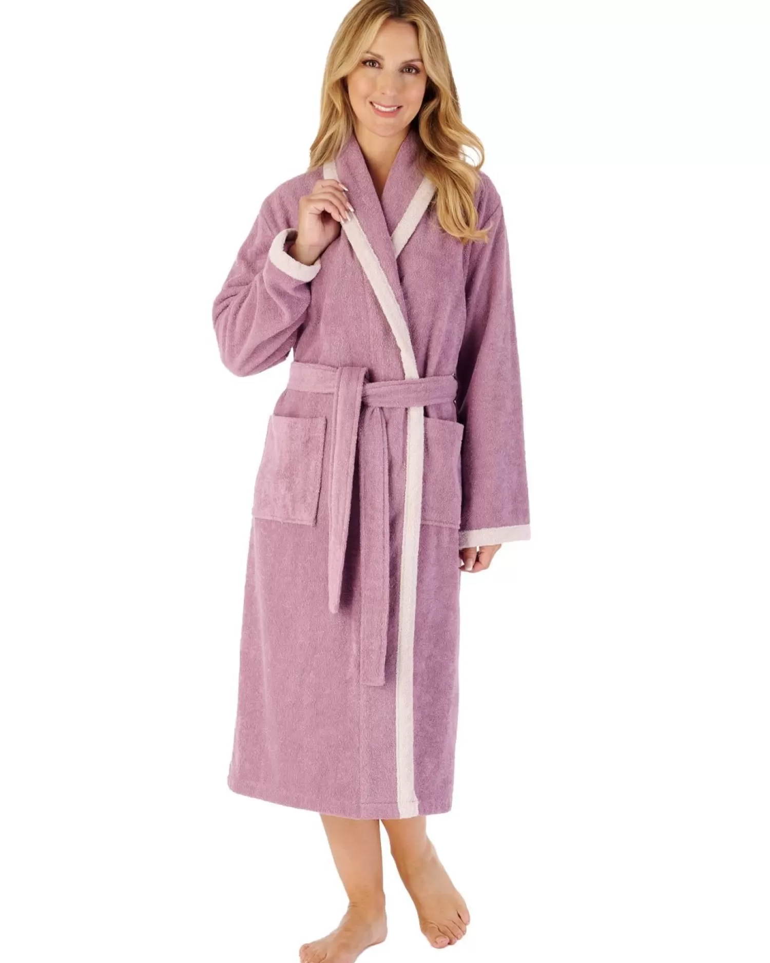 Slenderella Dressing Gowns | 46" Contrast Trim Towelling Dressing Gown - Lilac