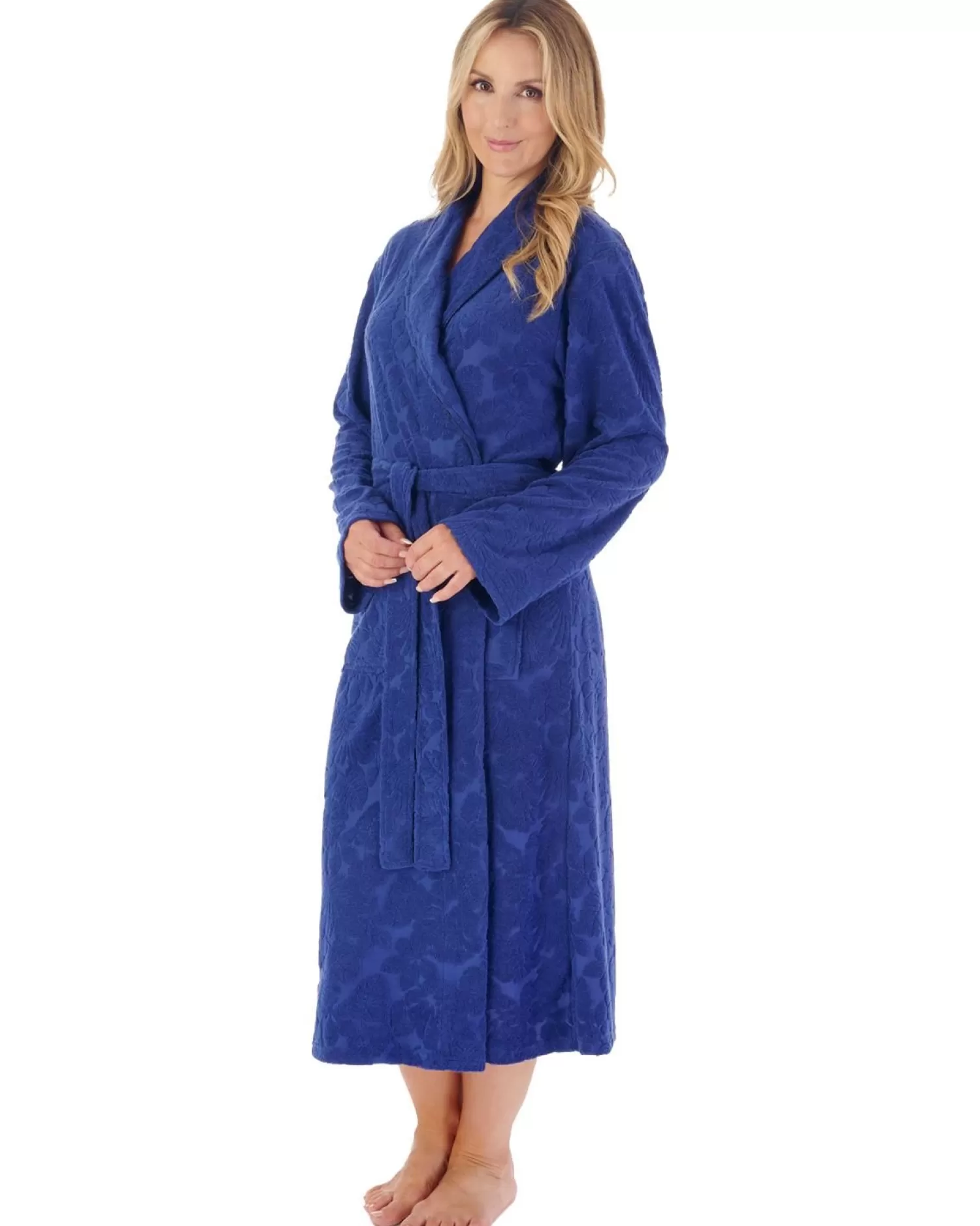 Slenderella Dressing Gowns | 46" Floral Embossed Dressing Gown - Navy