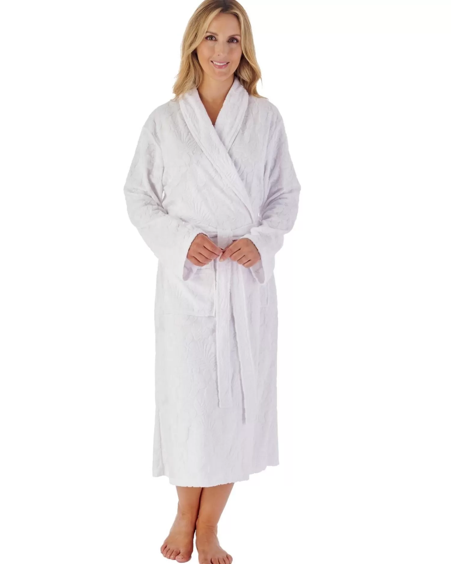 Slenderella Dressing Gowns | 46" Floral Embossed Dressing Gown - White