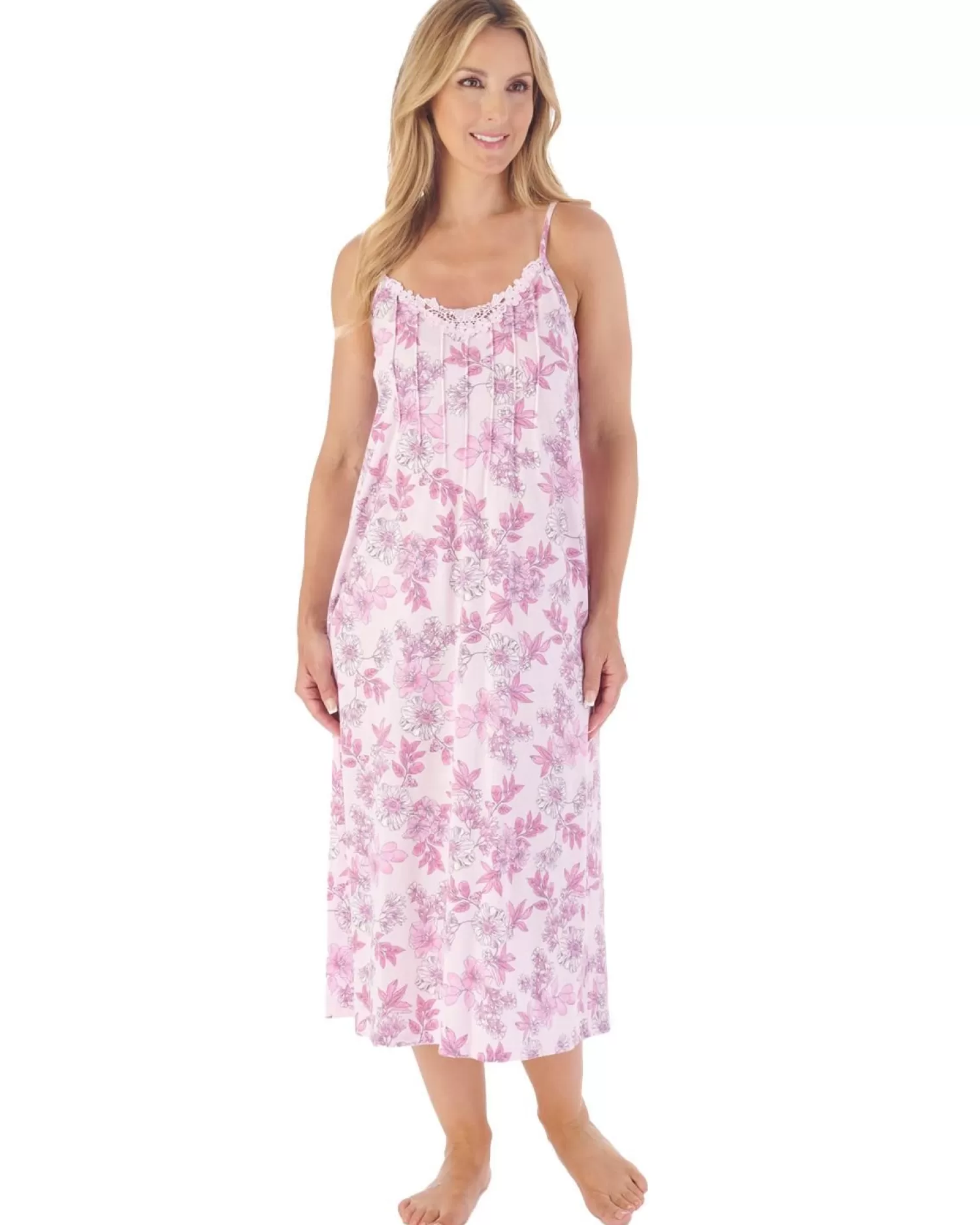 Slenderella Nighties | 46" Floral Jersey Strappy Nightie - Pink