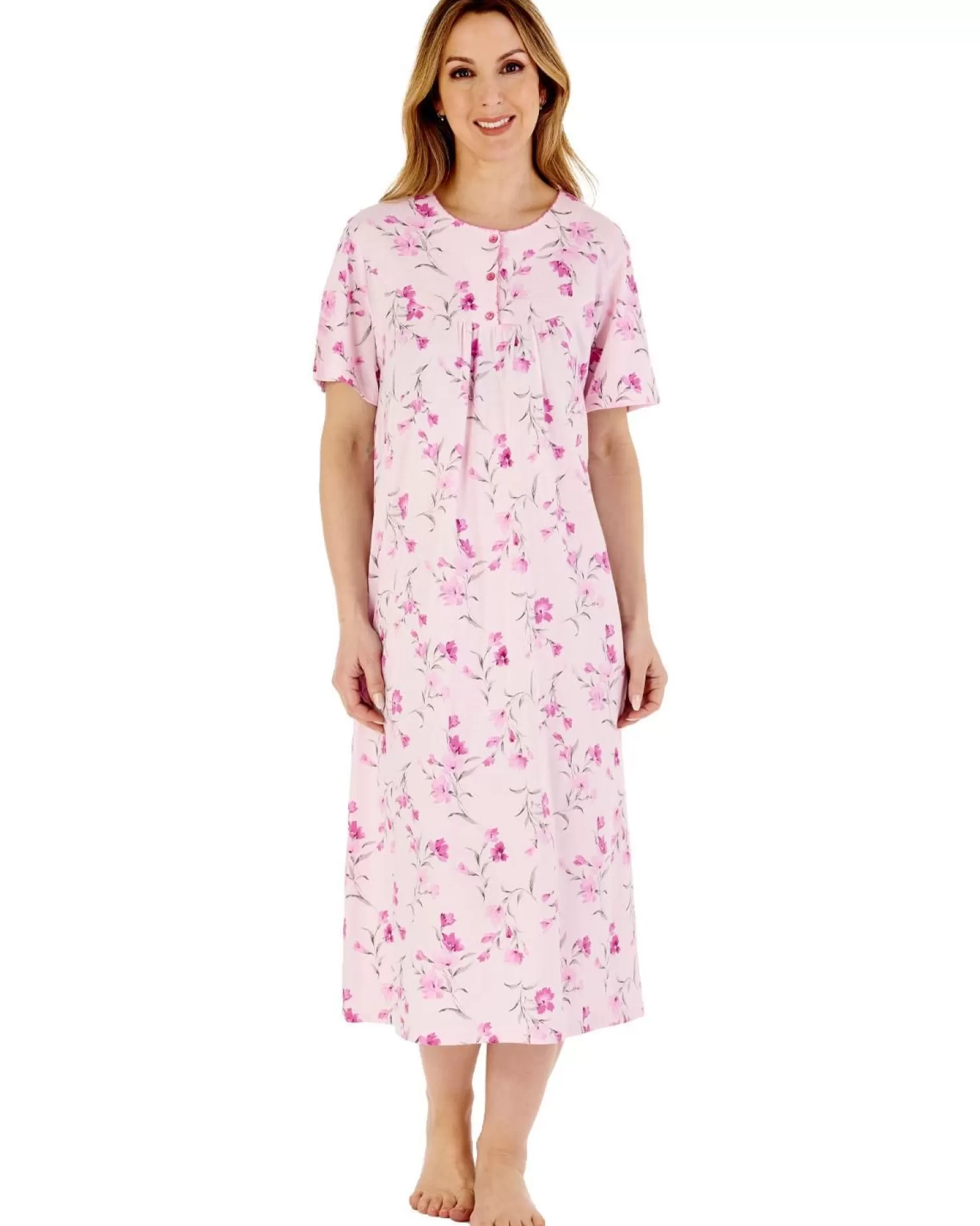 Slenderella Nighties | 46" Picot Trim Short Sleeve Jersey Nightdress - Pink