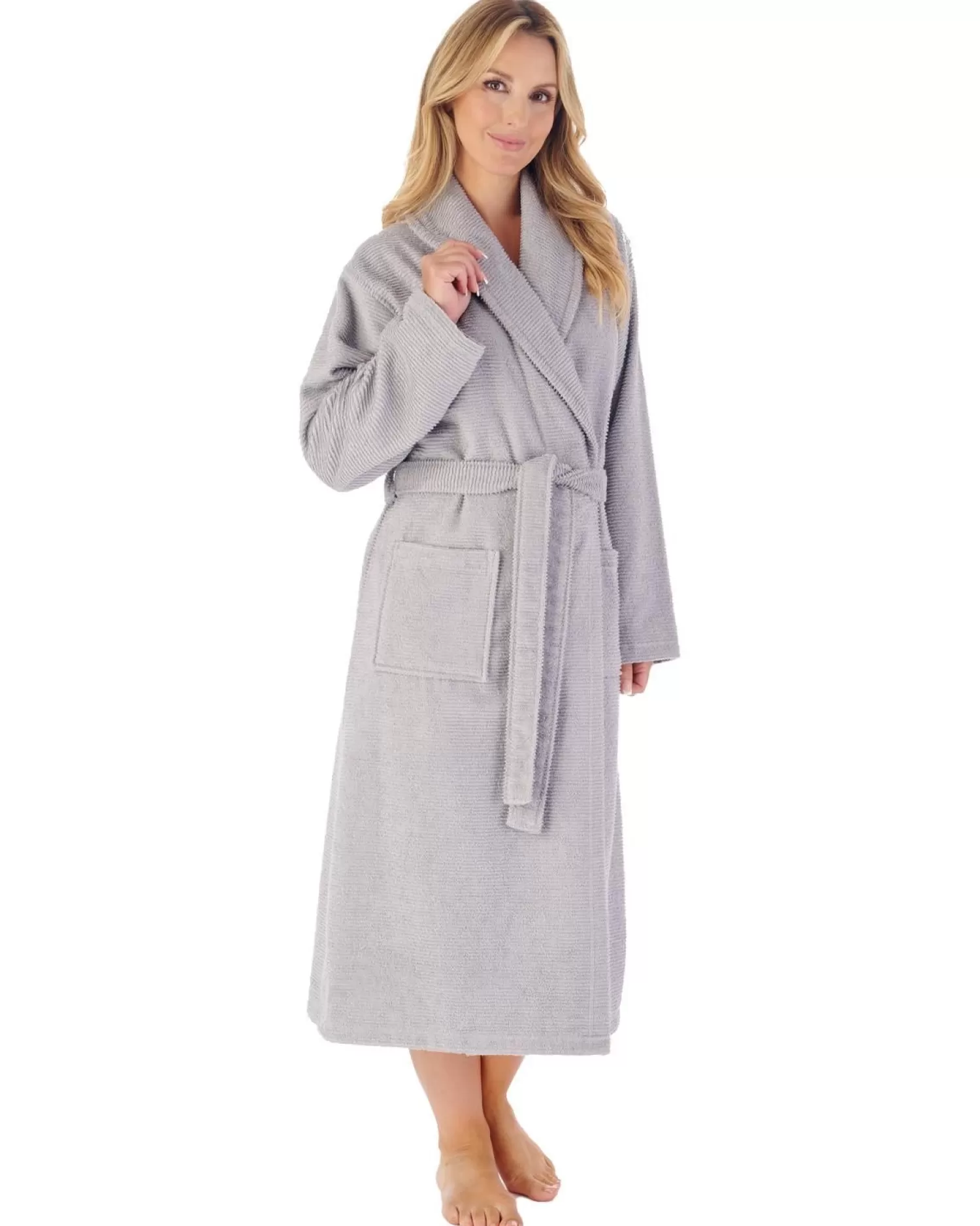 Slenderella Dressing Gowns | 46" Rib Textured Towelling Dressing Gown - Grey