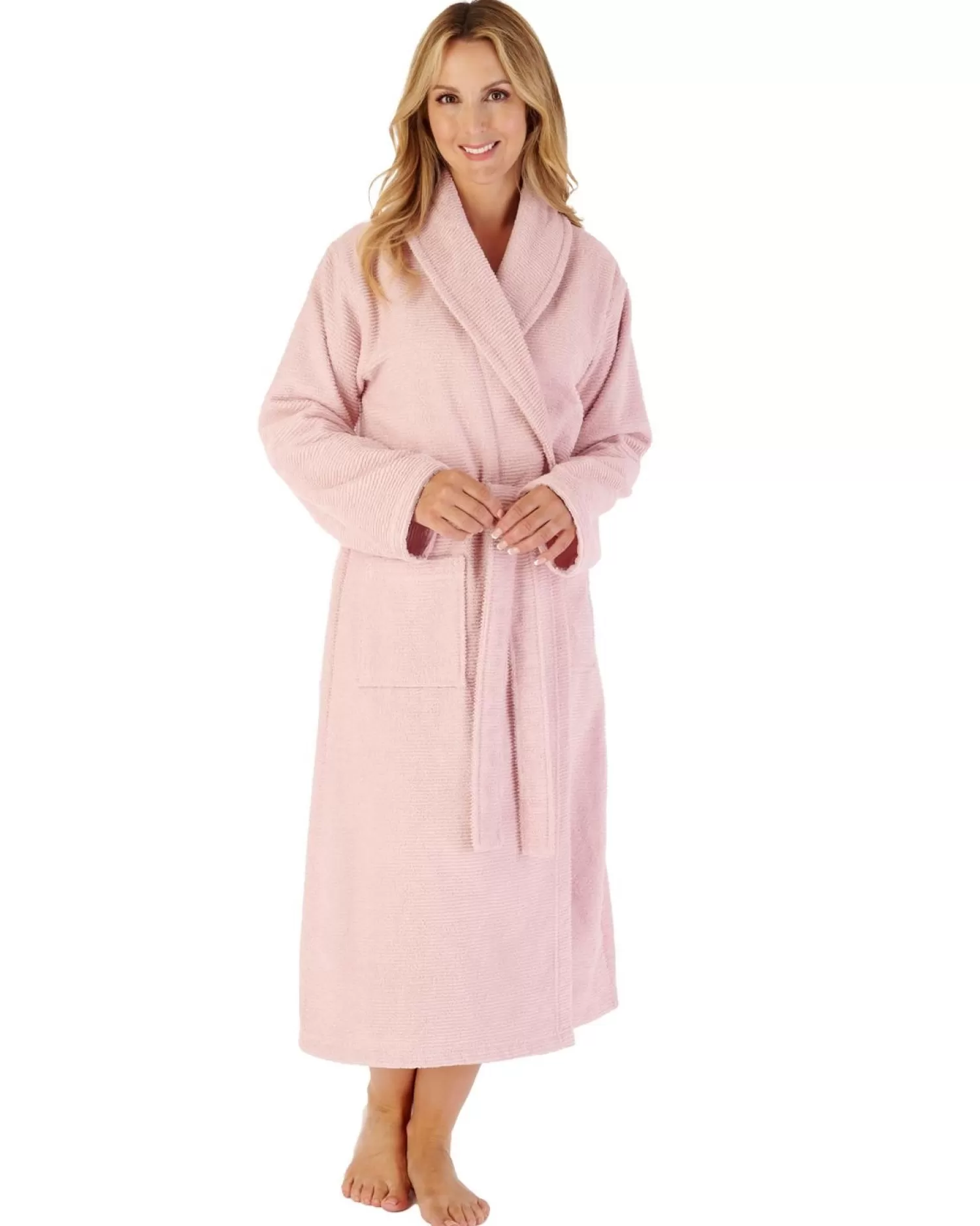 Slenderella Dressing Gowns | 46" Rib Textured Towelling Dressing Gown - Pink