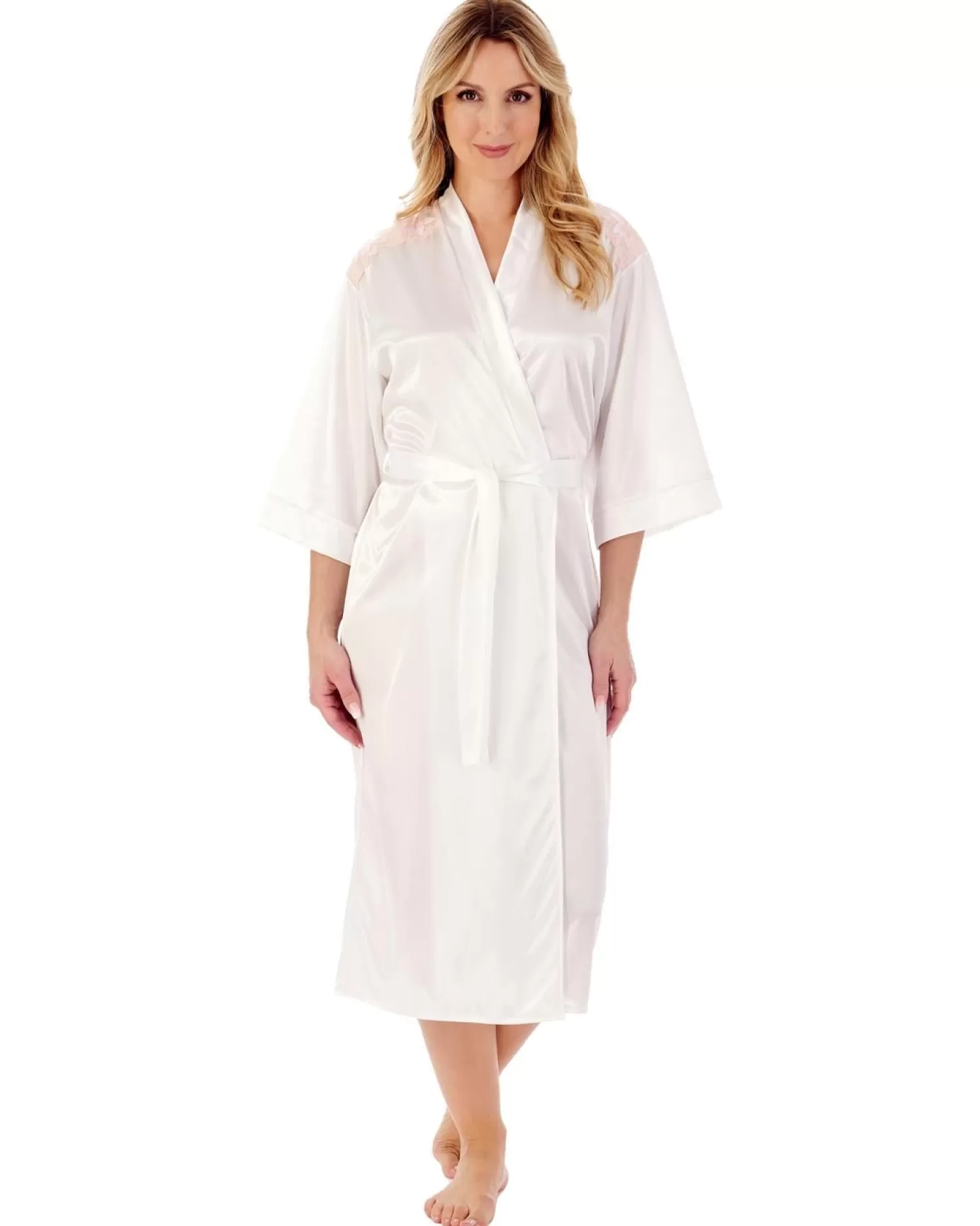 Slenderella Dressing Gowns | 46" Satin Kimono Robe - Ivory