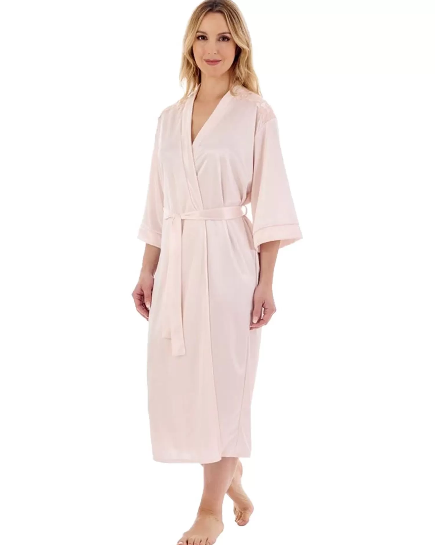 Slenderella Dressing Gowns | 46" Satin Kimono Robe - Peach