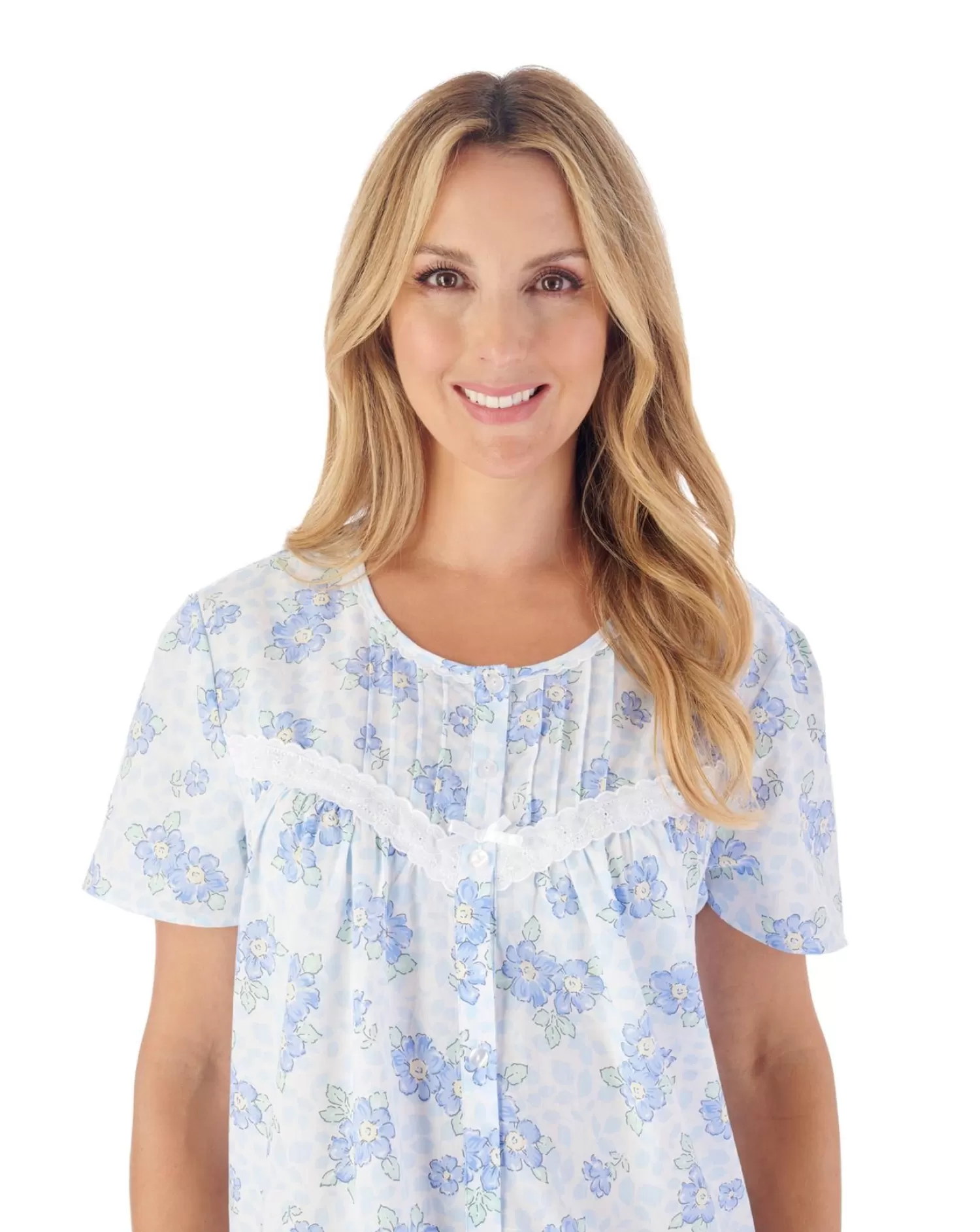 Slenderella Nighties | 46" Shadow Leaf Floral Button Cotton Nightie - Blue
