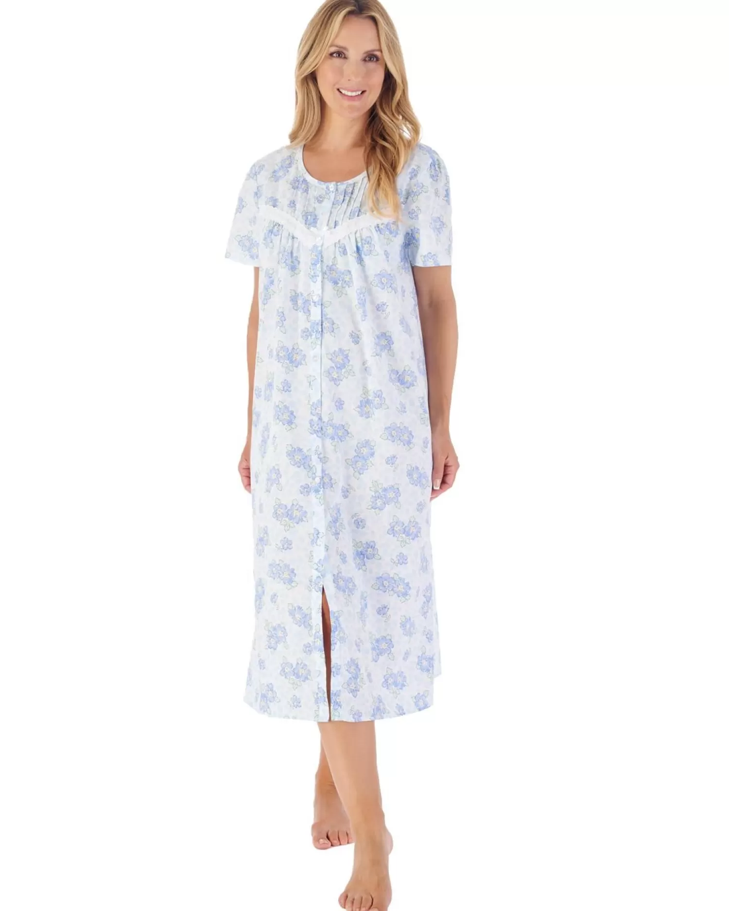 Slenderella Nighties | 46" Shadow Leaf Floral Button Cotton Nightie - Blue