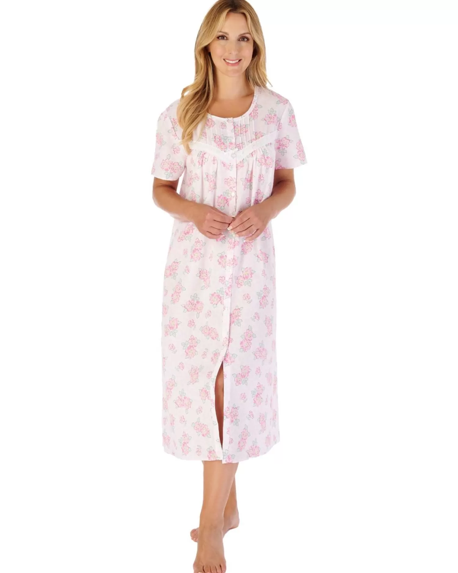 Slenderella Nighties | 46" Shadow Leaf Floral Button Cotton Nightie - Pink