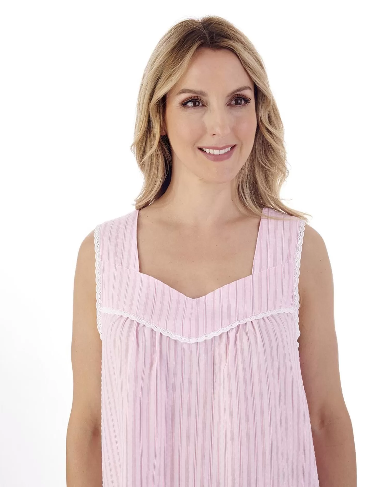 Slenderella Nighties | 46" Sleeveless Seersucker Nightie - Pink