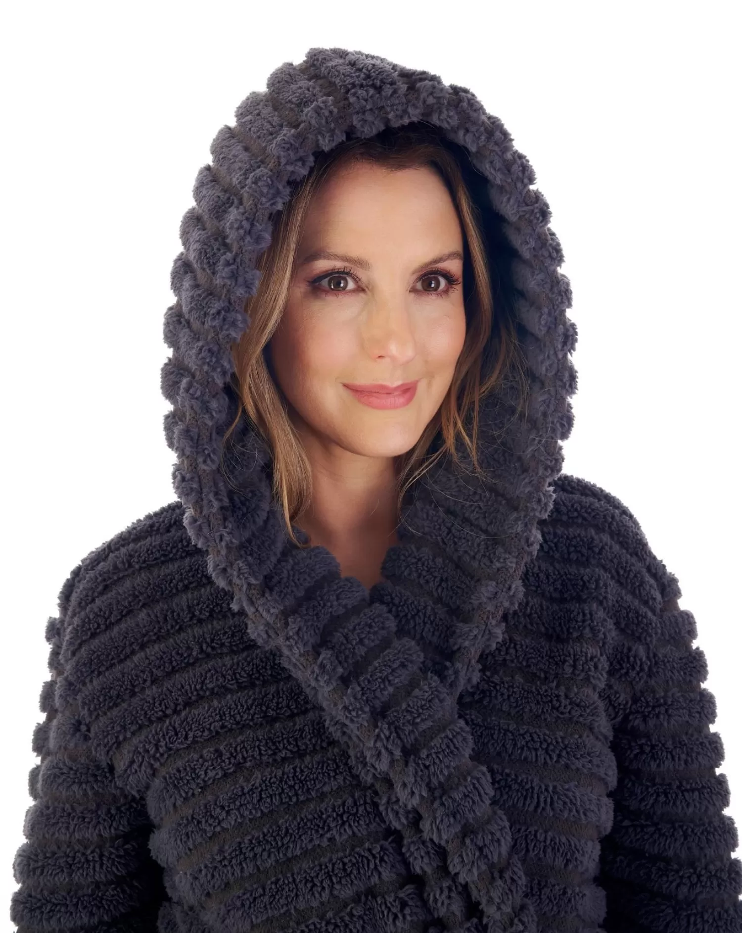 Slenderella Dressing Gowns | 46" Teddy Fleece Hooded Dressing Gown - Charcoal