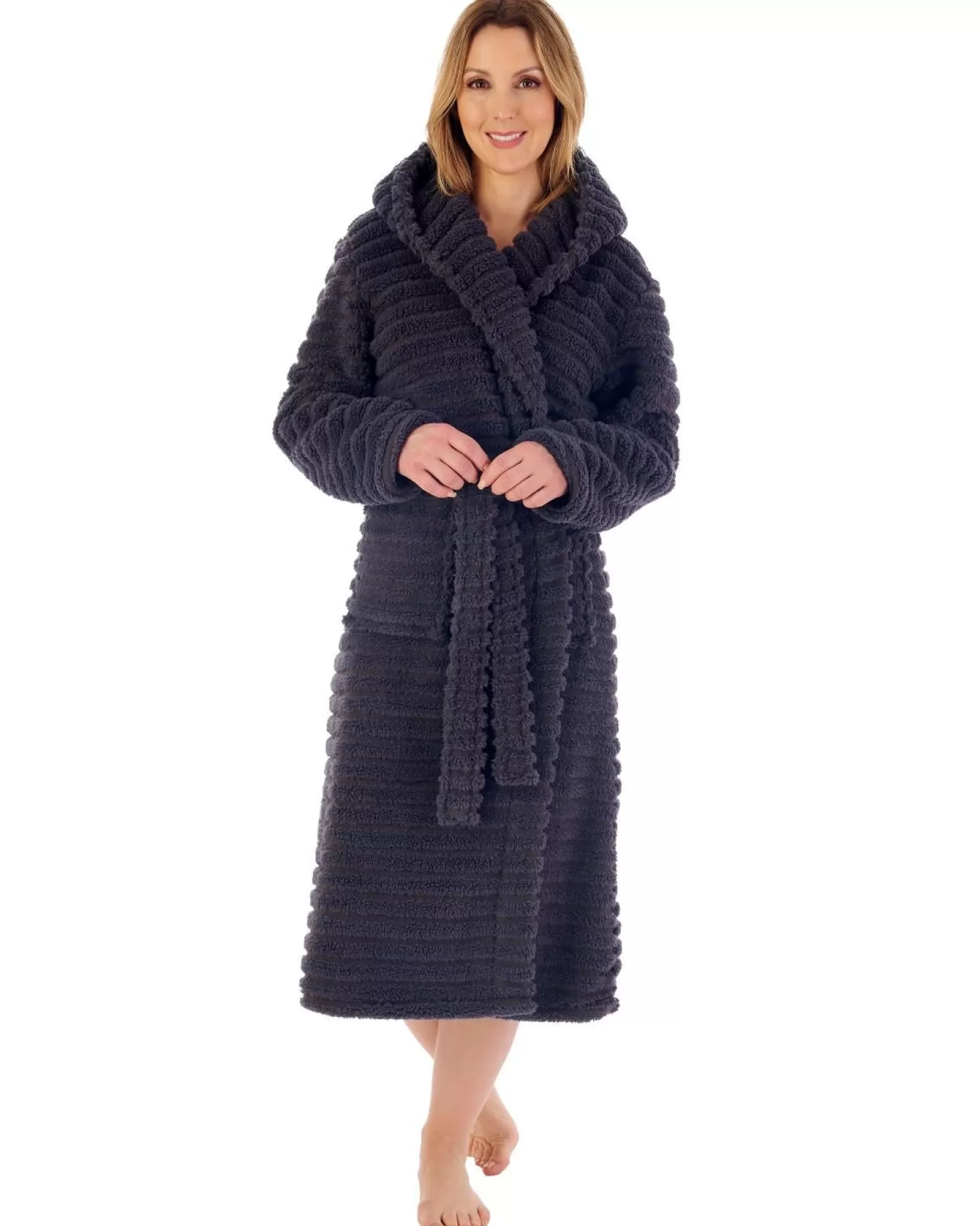 Slenderella Dressing Gowns | 46" Teddy Fleece Hooded Dressing Gown - Charcoal