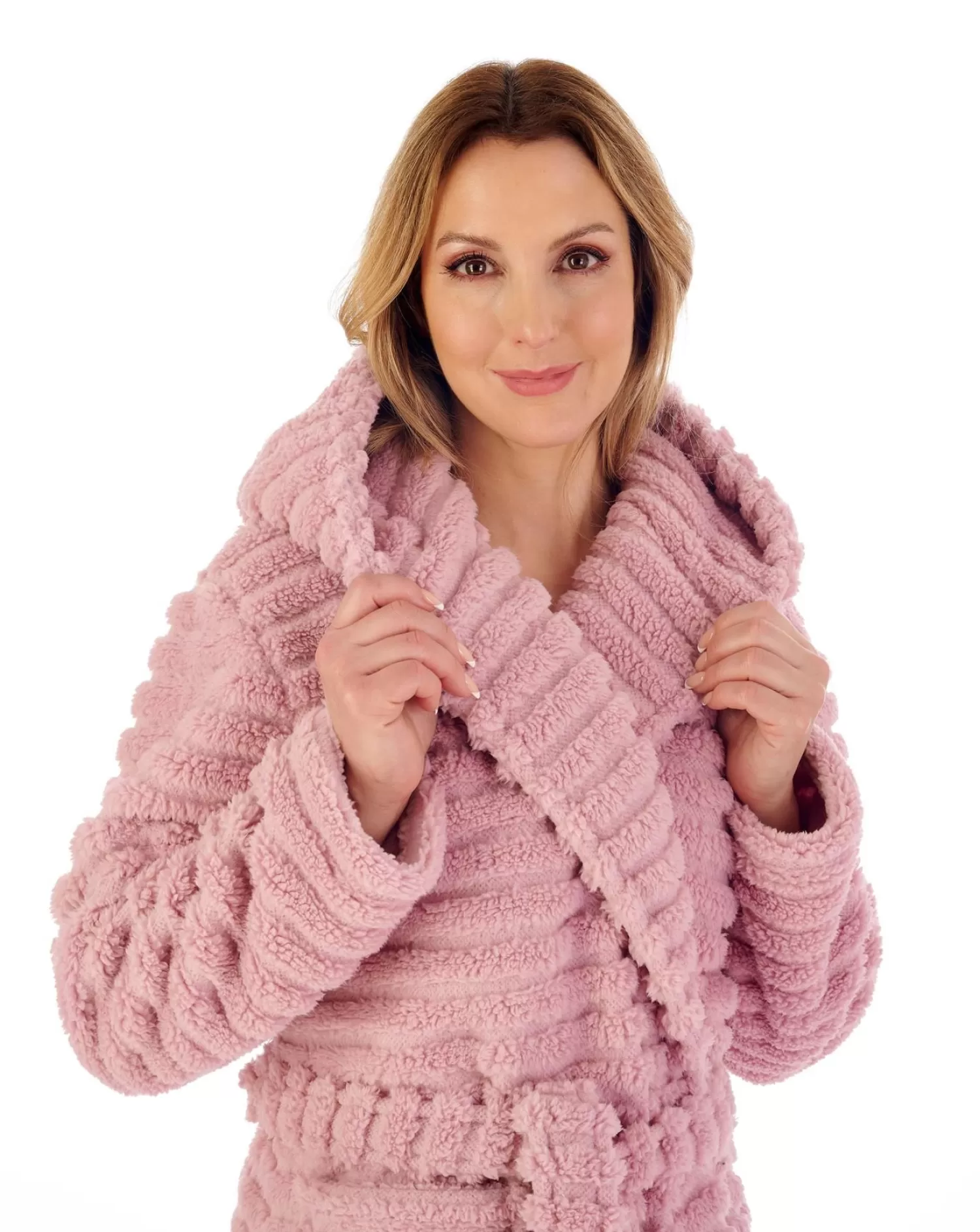 Slenderella Dressing Gowns | 46" Teddy Fleece Hooded Dressing Gown - Pink