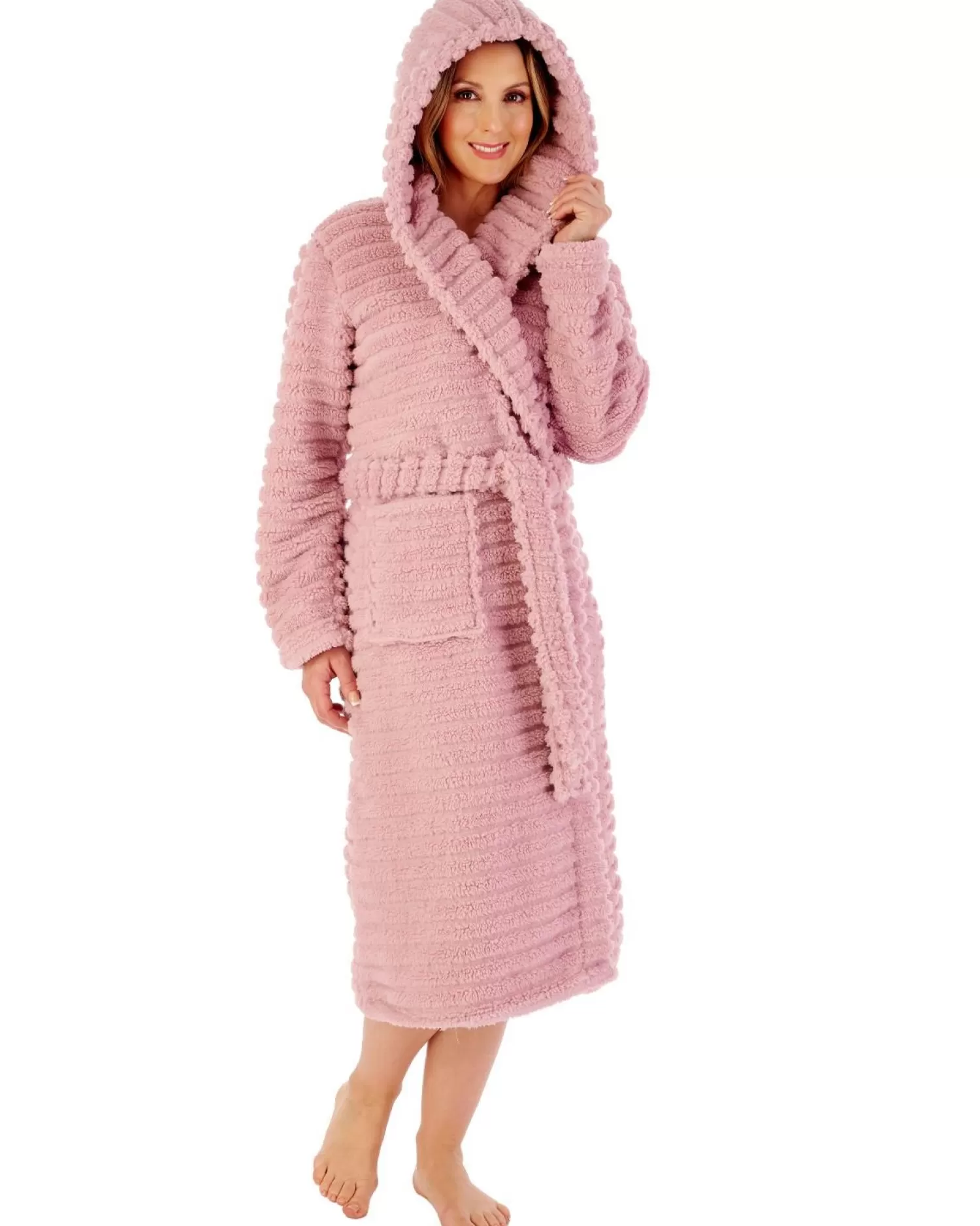 Slenderella Dressing Gowns | 46" Teddy Fleece Hooded Dressing Gown - Pink