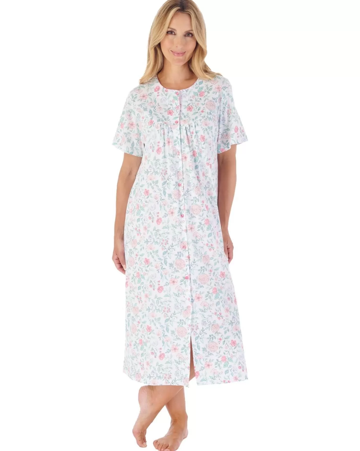 Slenderella Nighties | 46" Trailing Floral Short Sleeve Button Nightie - Pink