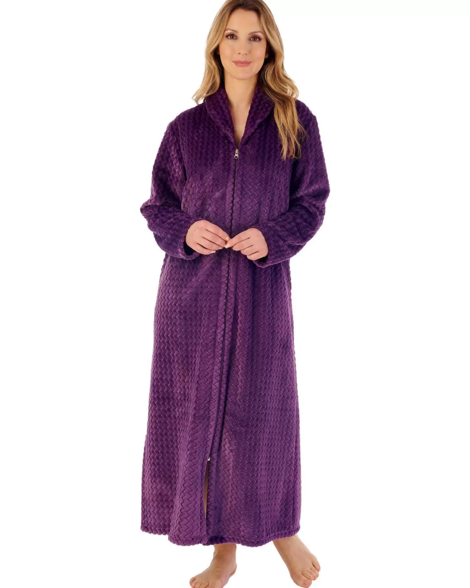 Slenderella Dressing Gowns | 50" Chevron Embossed Fleece Zip Dressing Gown - Purple