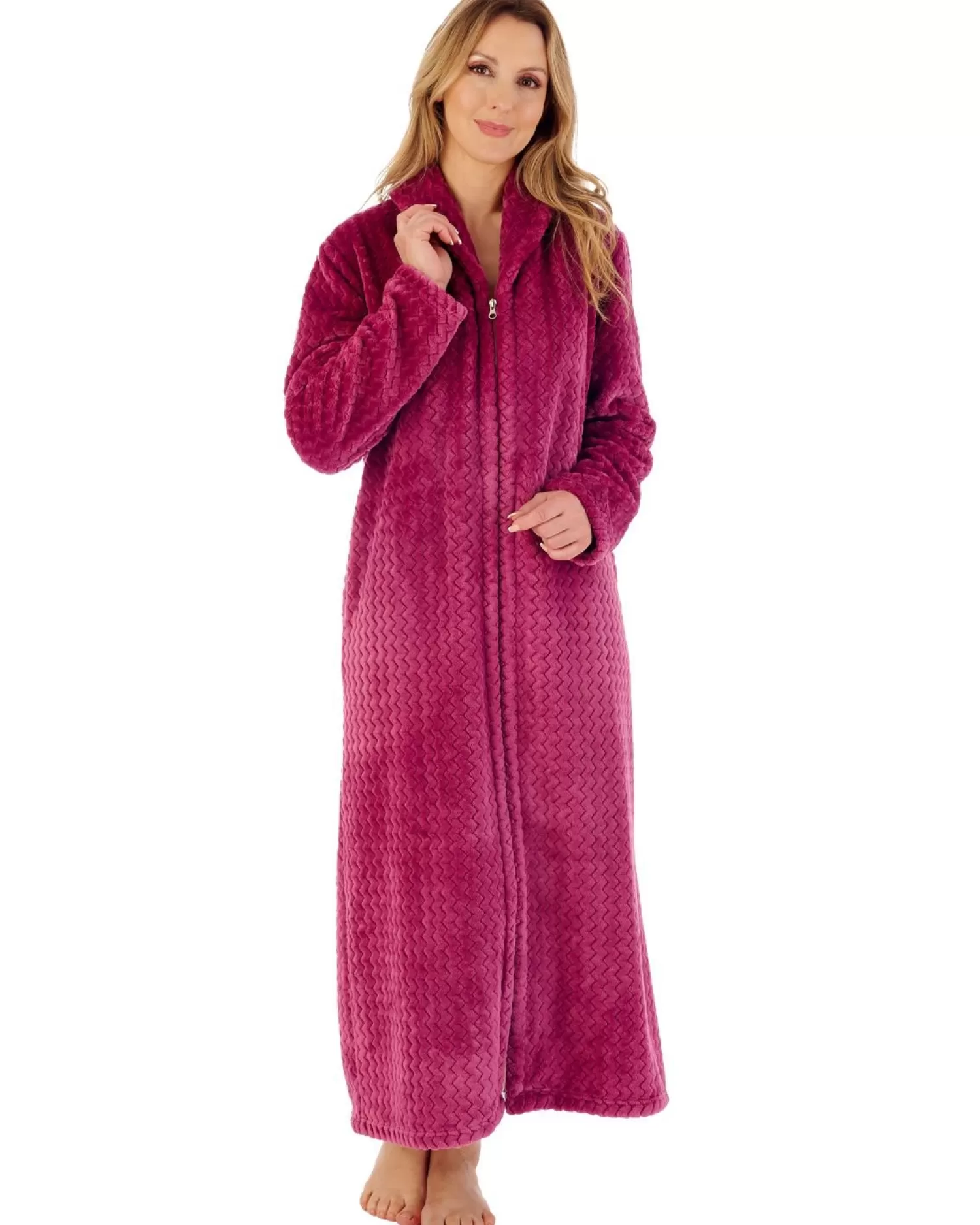 Slenderella Dressing Gowns | 50" Chevron Embossed Fleece Zip Dressing Gown - Raspberry