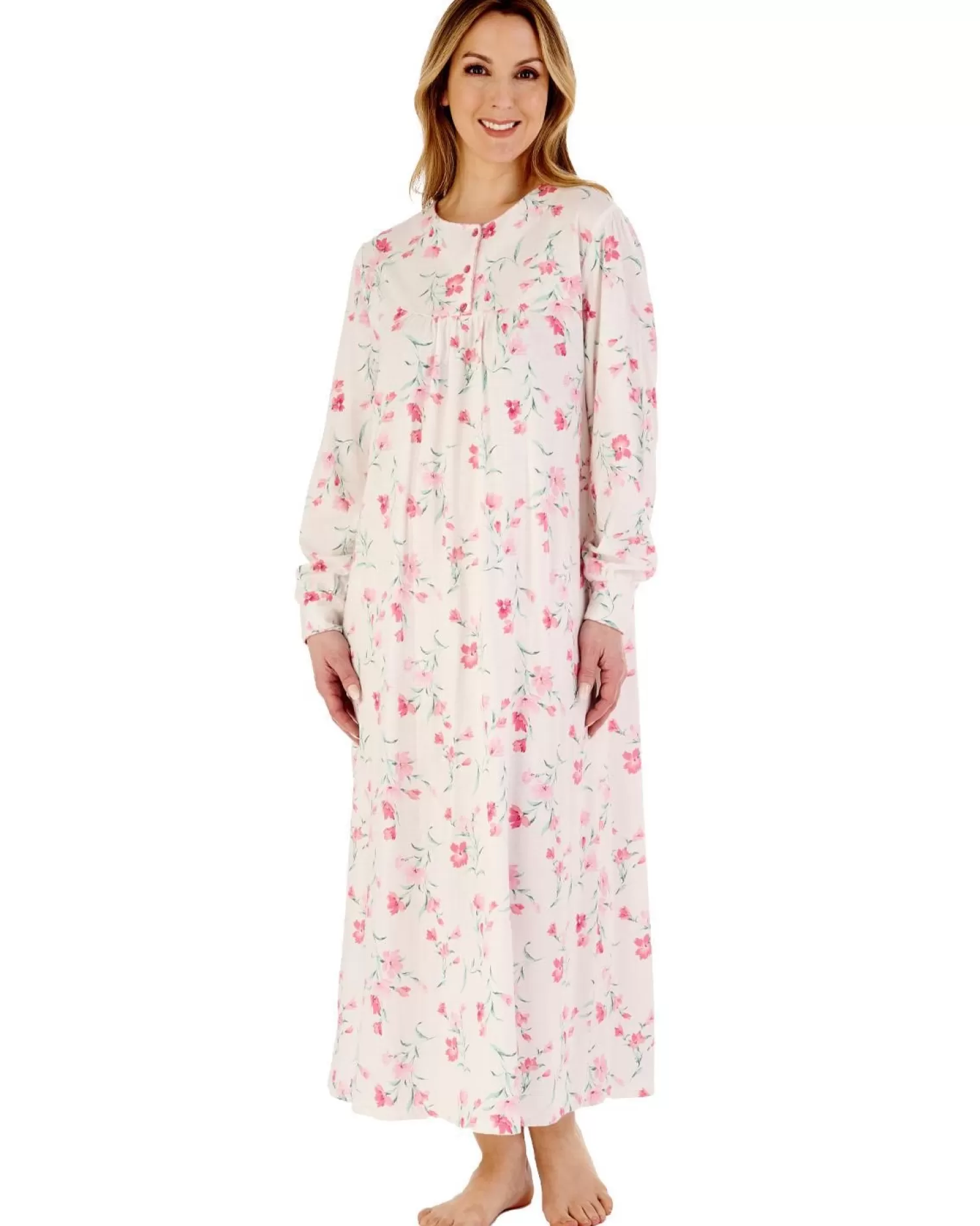 Slenderella Nighties | 50" Picot Trim Long Sleeve Jersey Nightdress - Ivory