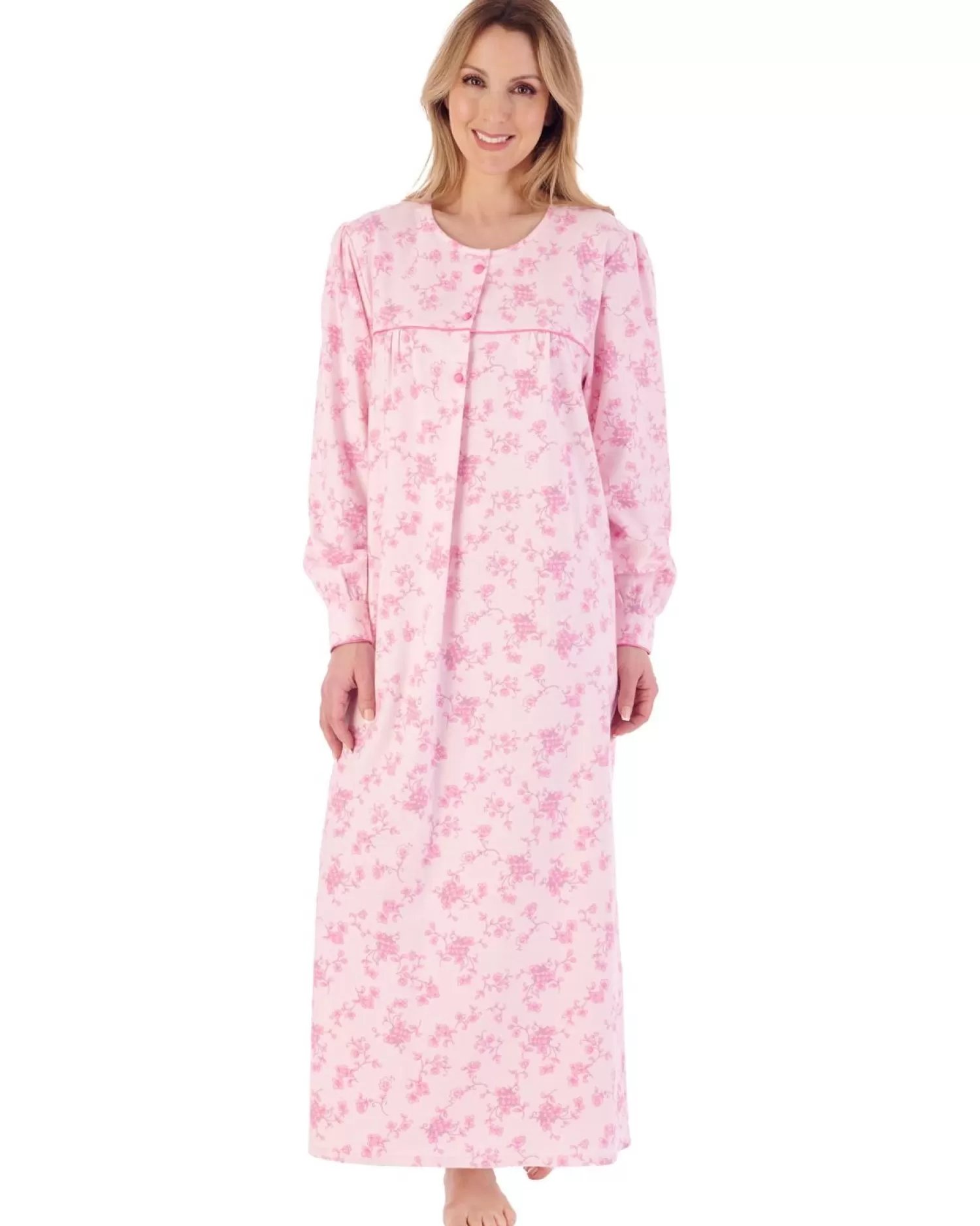 Slenderella Nighties | 51" Brushed Cotton Round Neck Nightie - Pink