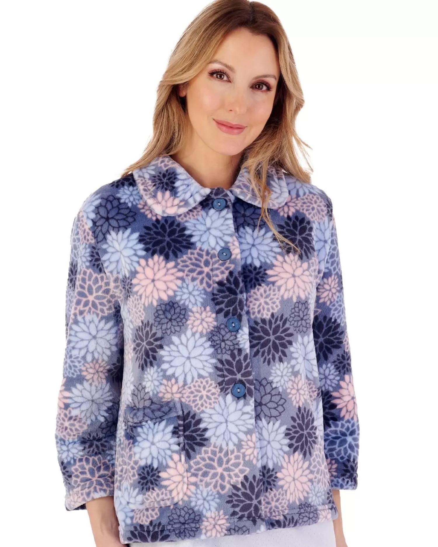 Slenderella Dressing Gowns | Bold Floral Button Bed Jacket - Blue