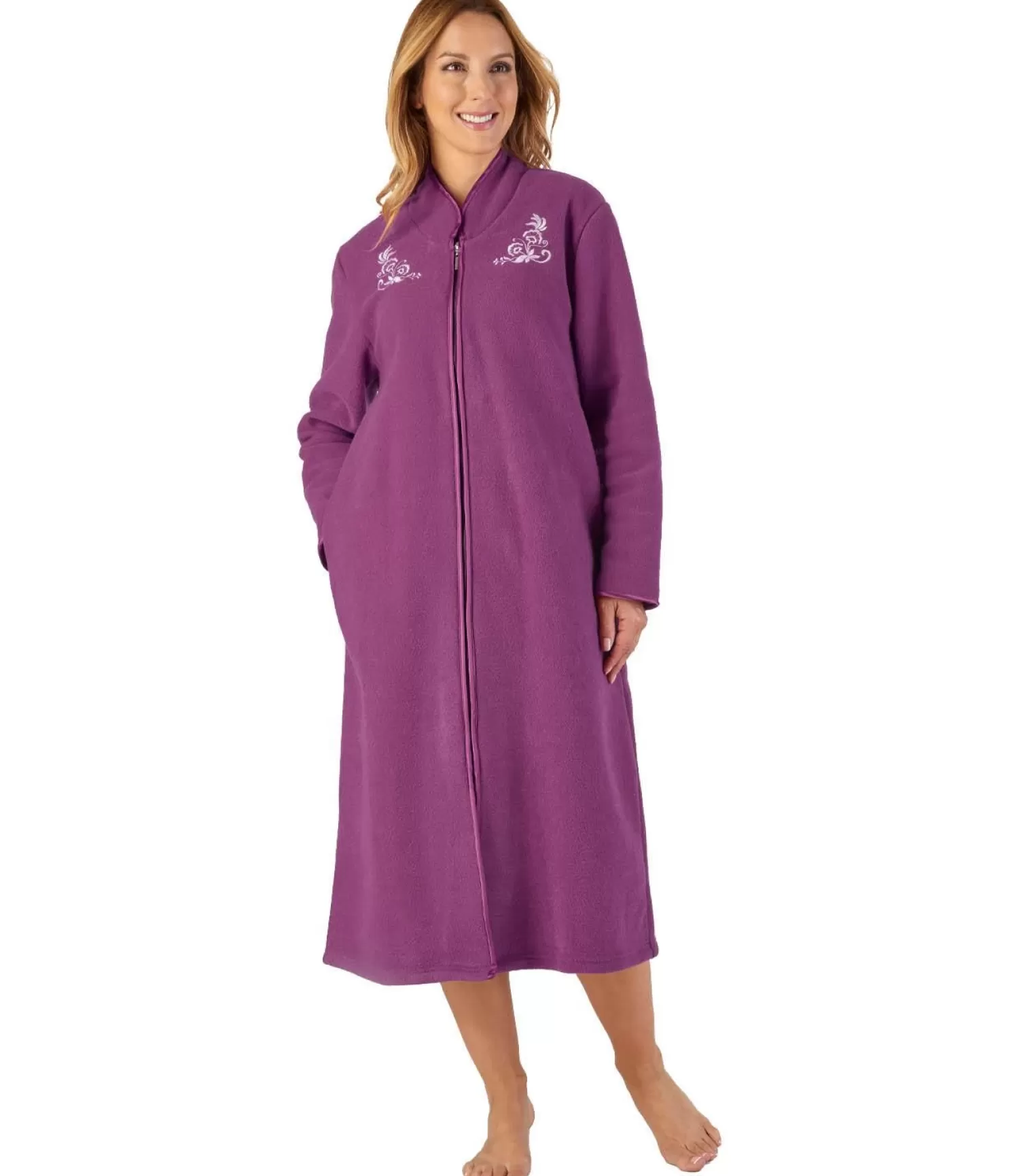 Slenderella Dressing Gowns | Boucle Fleece Zip Dressing Gown - Plum