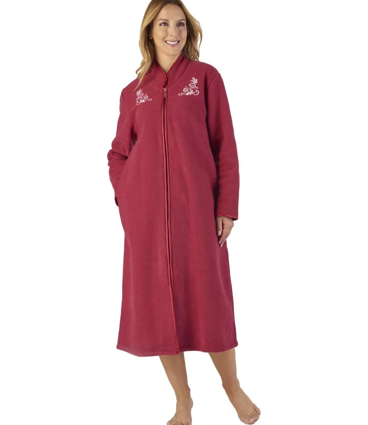 Slenderella Dressing Gowns | Boucle Fleece Zip Dressing Gown - Raspberry