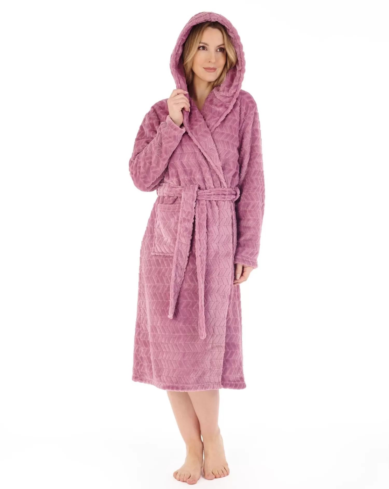 Slenderella Dressing Gowns | Chevron Fleece Hooded Dressing Gown - Mauve