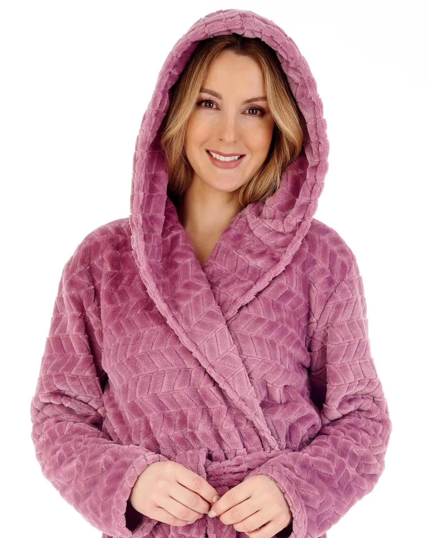 Slenderella Dressing Gowns | Chevron Fleece Hooded Dressing Gown - Mauve