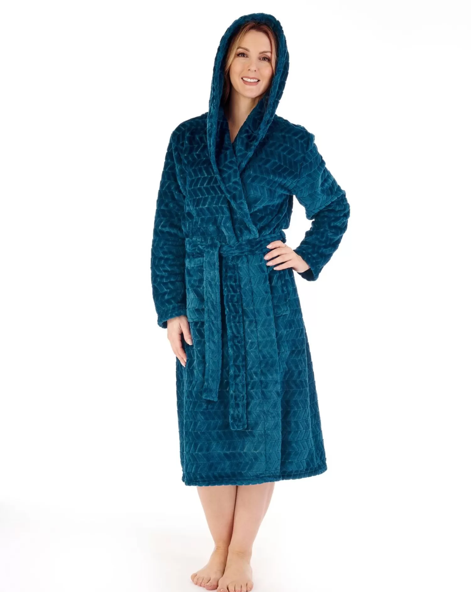 Slenderella Dressing Gowns | Chevron Fleece Hooded Dressing Gown - Teal