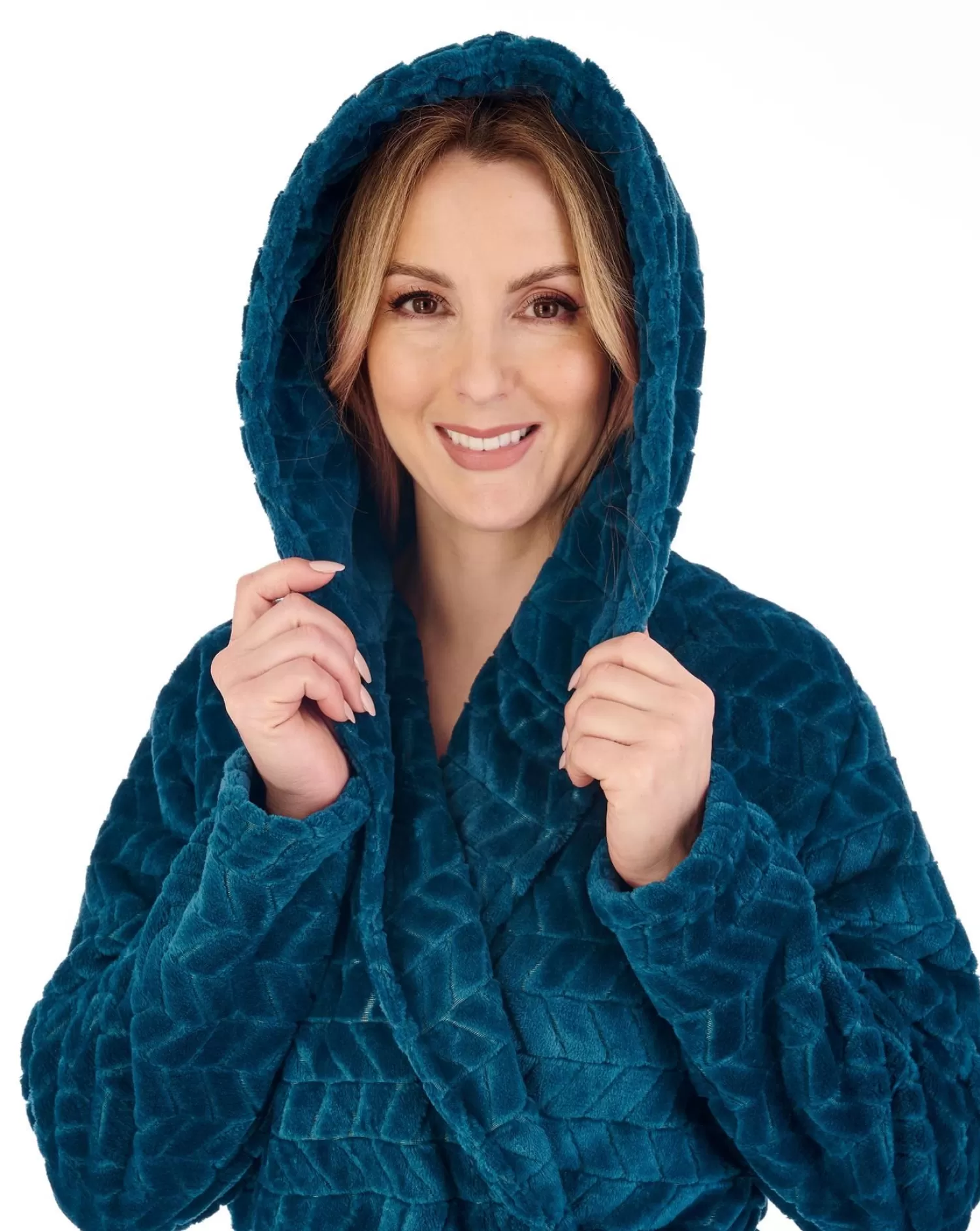 Slenderella Dressing Gowns | Chevron Fleece Hooded Dressing Gown - Teal